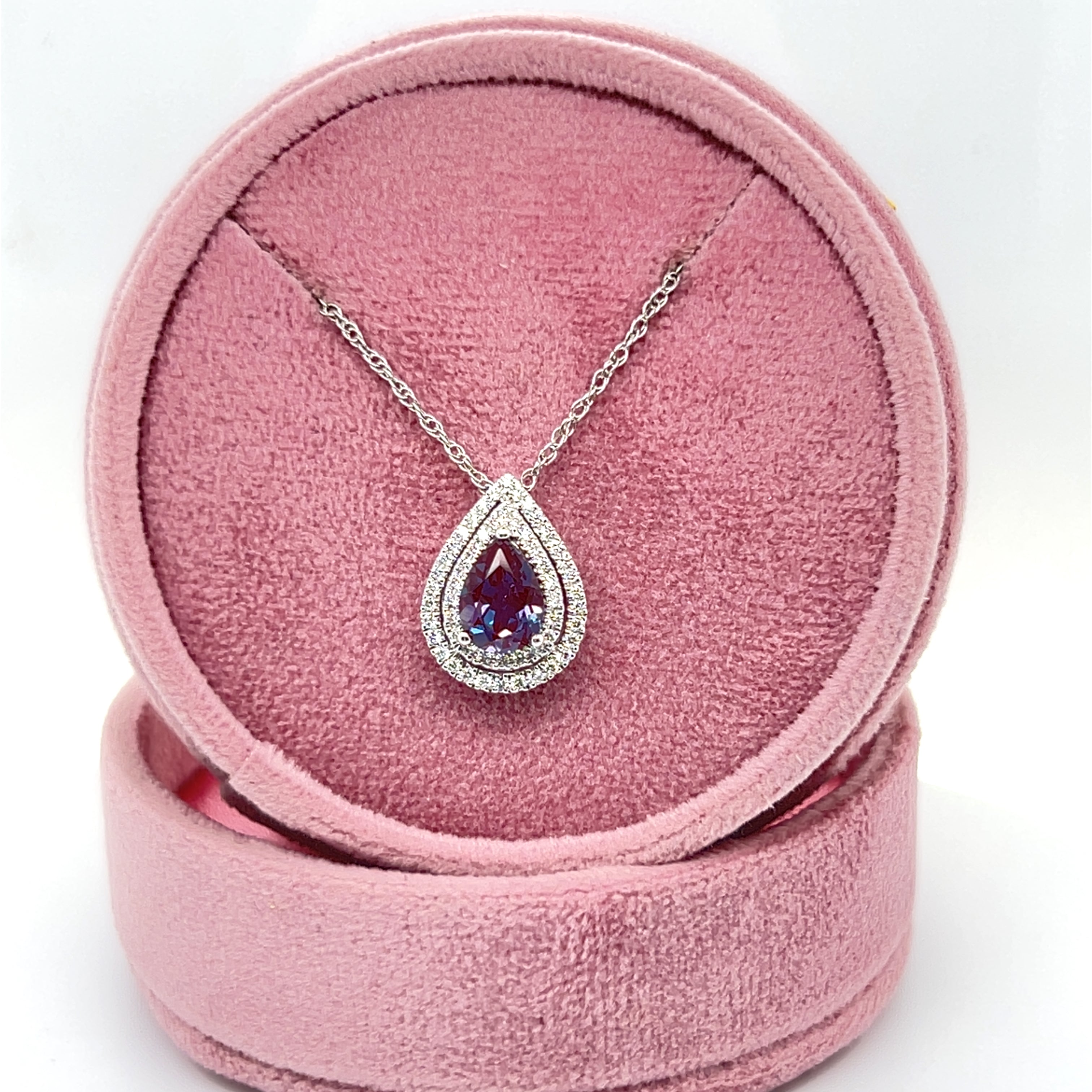 14K White Gold 1.32CT Pear Created Alexandrite and 0.26 Carat Total Weight (54) Diamond Double Halo Pear Pendant Necklace