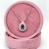 14K White Gold 1.32CT Pear Created Alexandrite and 0.26 Carat Total Weight (54) Diamond Double Halo Pear Pendant Necklace