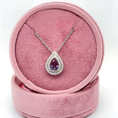 14K White Gold 1.32CT Pear Created Alexandrite and 0.26 Carat Total Weight (54) Diamond Double Halo Pear Pendant Necklace