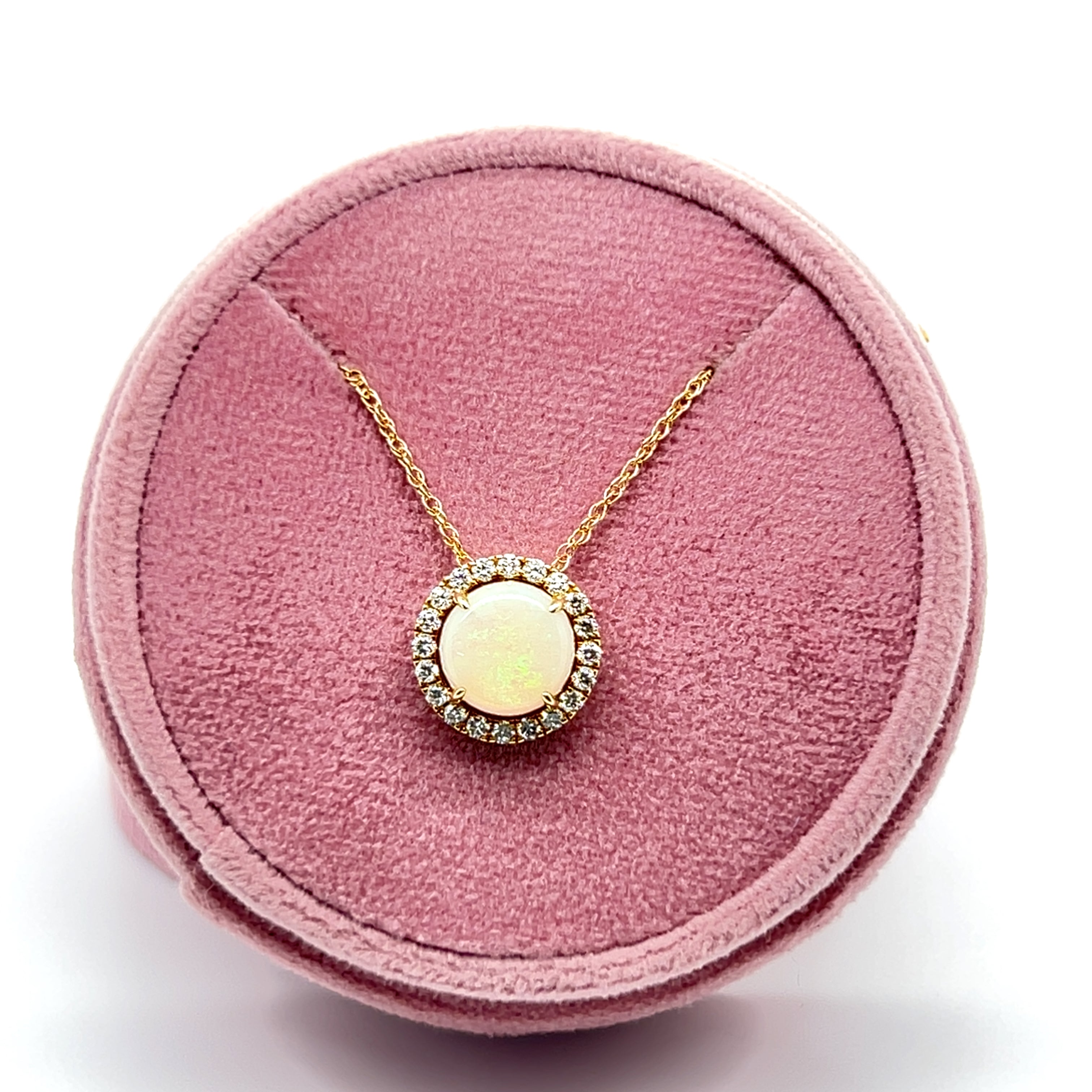 14K Yellow Gold 1.81CT Round Opal and 0.34 Carat Total Weight (20) Diamond Halo Pendant Necklace