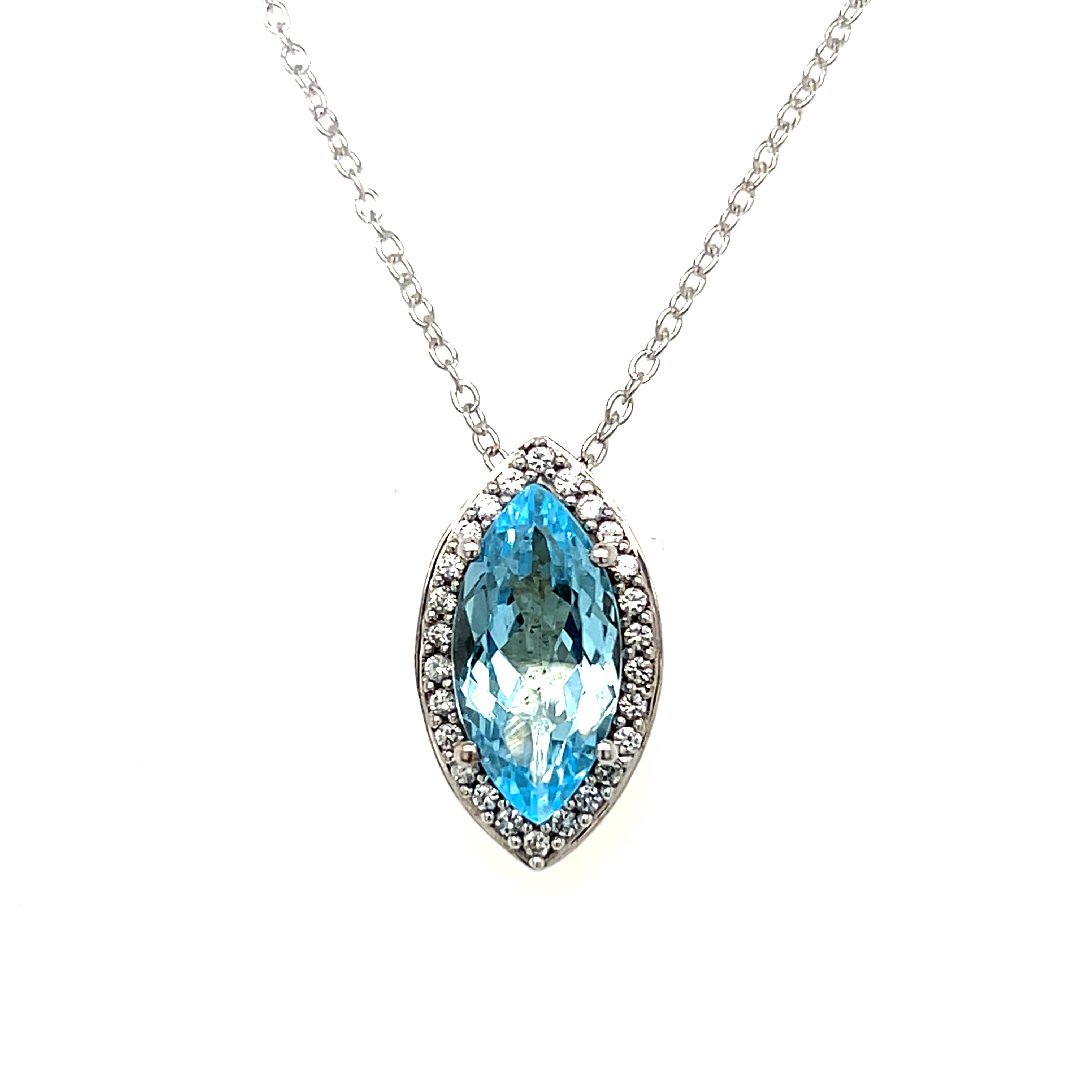 Sterling Silver 2.52CT Sky Blue Topaz and 0.31CTW White Cubic Zirconia Marquise Shaped Pendant Necklace