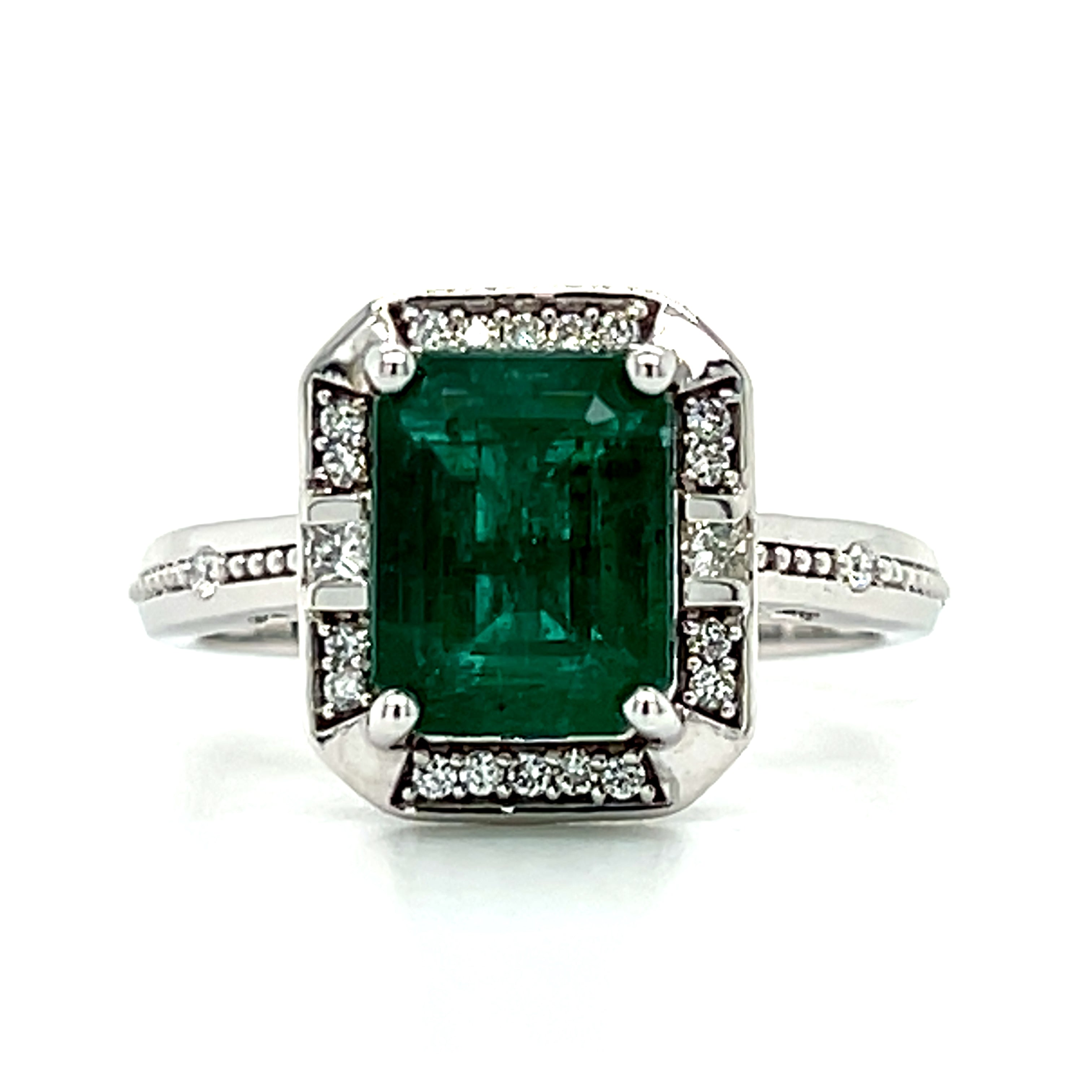 14K White Gold 2.25CT Emerald-Cut Emerald and 0.15 Carat Total Weight Diamond Ring.