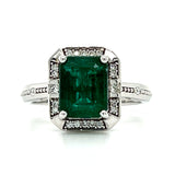 14K White Gold 2.25CT Emerald-Cut Emerald and 0.15 Carat Total Weight Diamond Ring.