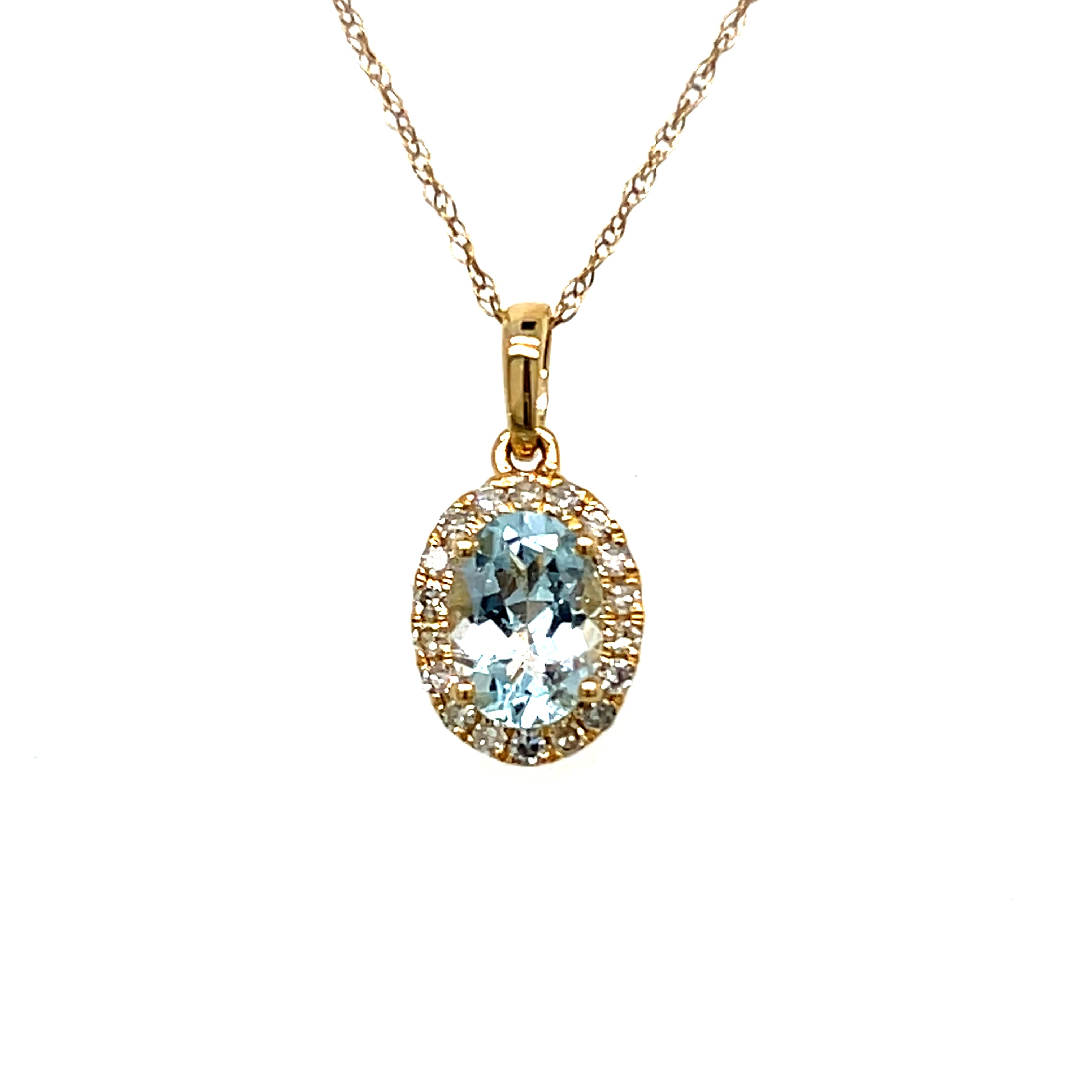 14K Yellow Gold 0.66CT Oval Aquamarine and 0.13 Carat Total Weight Diamond Pendant