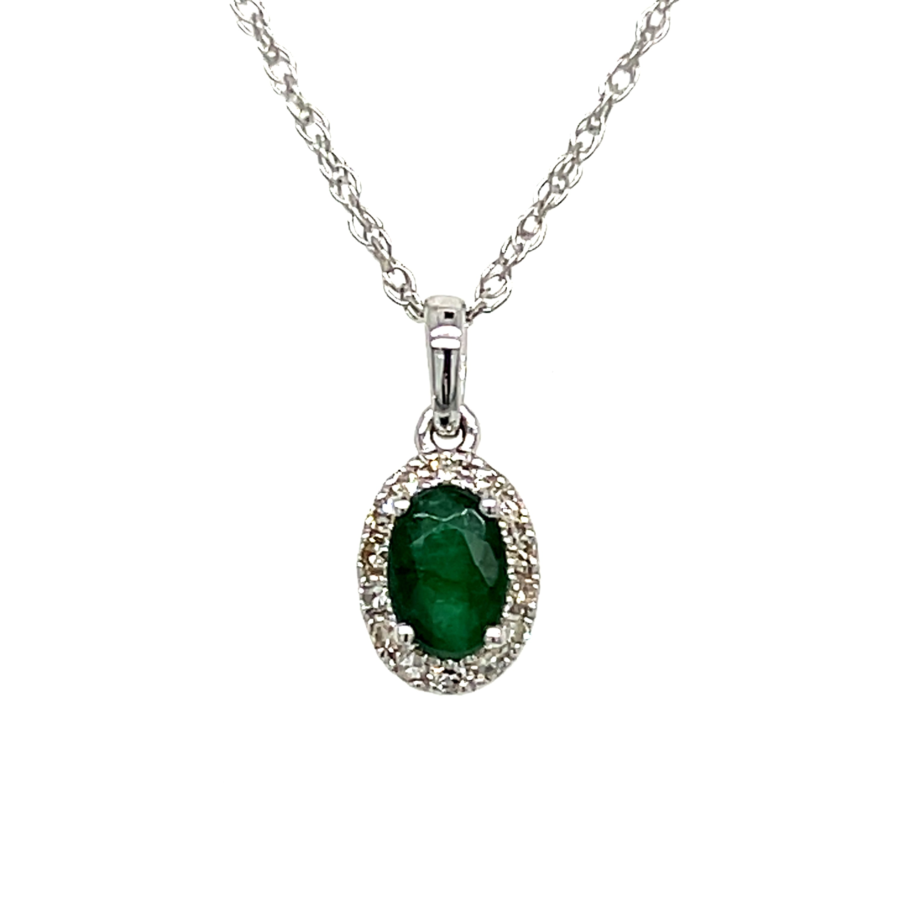 14K White Gold 0.44CT Oval Emerald and 0.10 Carat Total Weight Diamond Pendant
