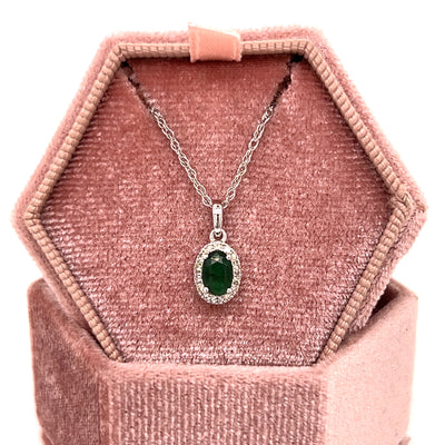 14K White Gold 0.44CT Oval Emerald and 0.10 Carat Total Weight Diamond Pendant