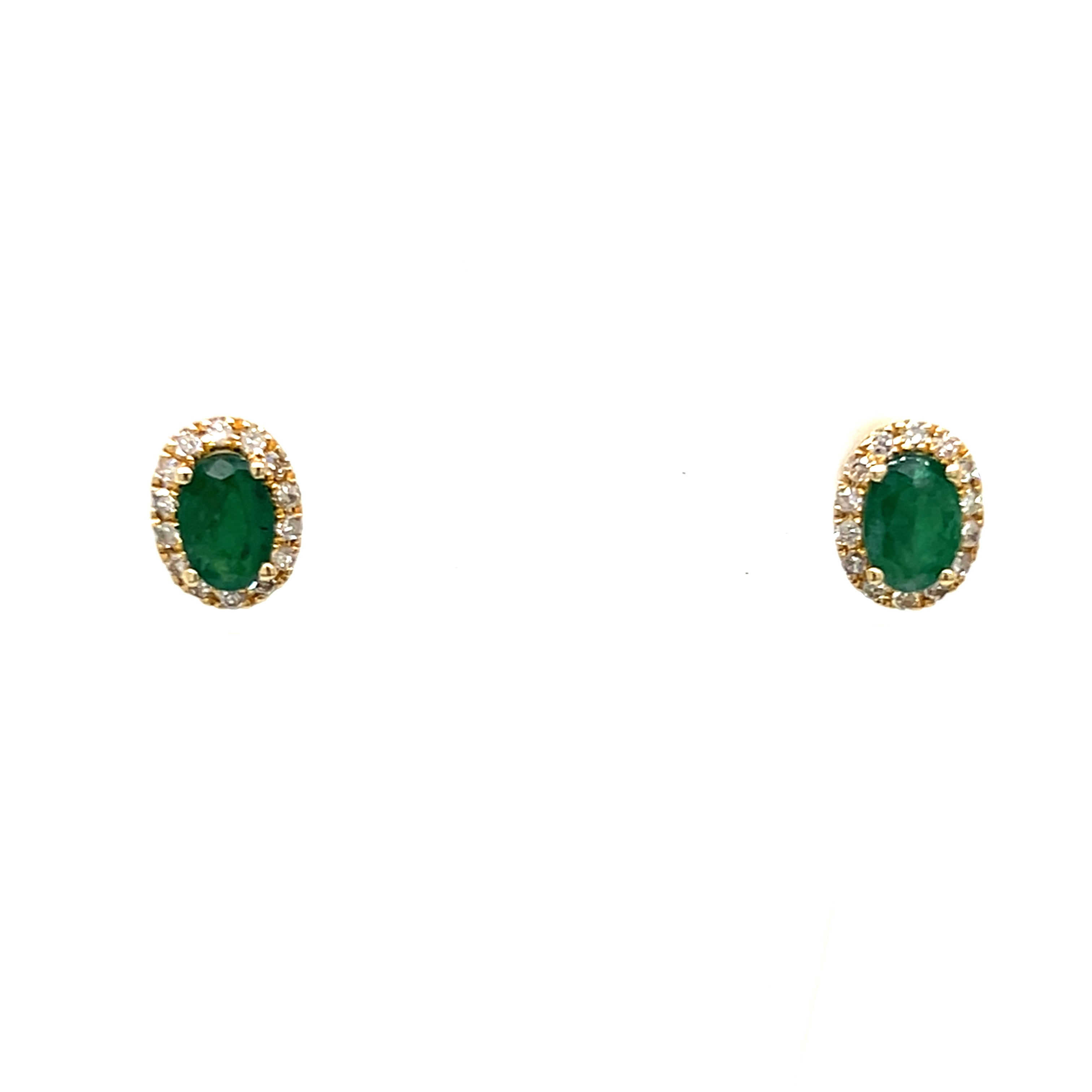 14K Yellow Gold 0.96 Carat Total Weight (2) Emerald and 0.19 Carat Total Weight (28) Diamond Earrings