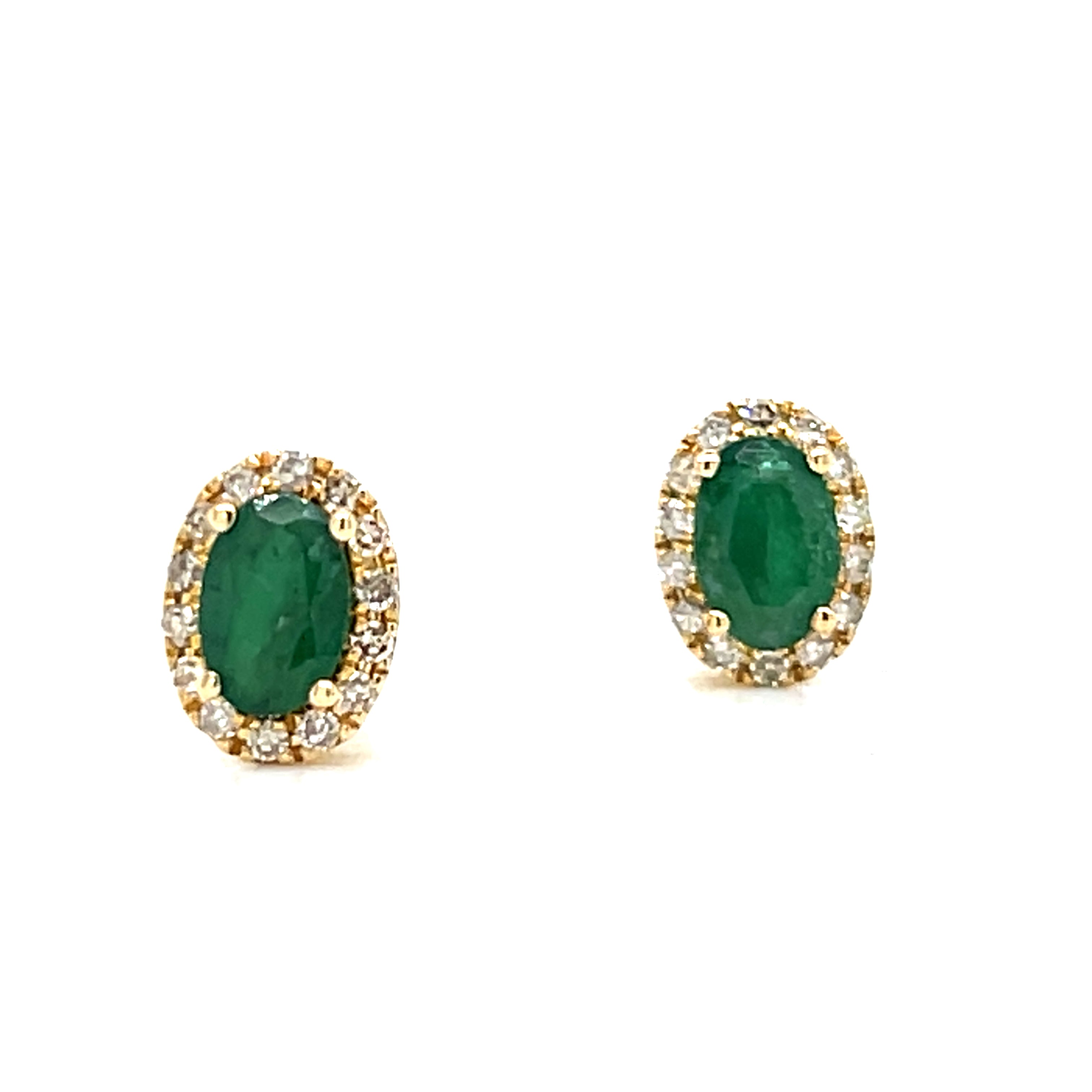 14K Yellow Gold 0.96 Carat Total Weight (2) Emerald and 0.19 Carat Total Weight (28) Diamond Earrings