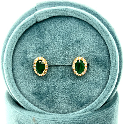 14K Yellow Gold 0.96 Carat Total Weight (2) Emerald and 0.19 Carat Total Weight (28) Diamond Earrings