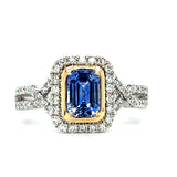 14K Yellow and White Gold 0.95CT Sapphire and 0.36 Carat Total Weight Single-Cut Diamond Crossover Halo Ring (Size 7)
