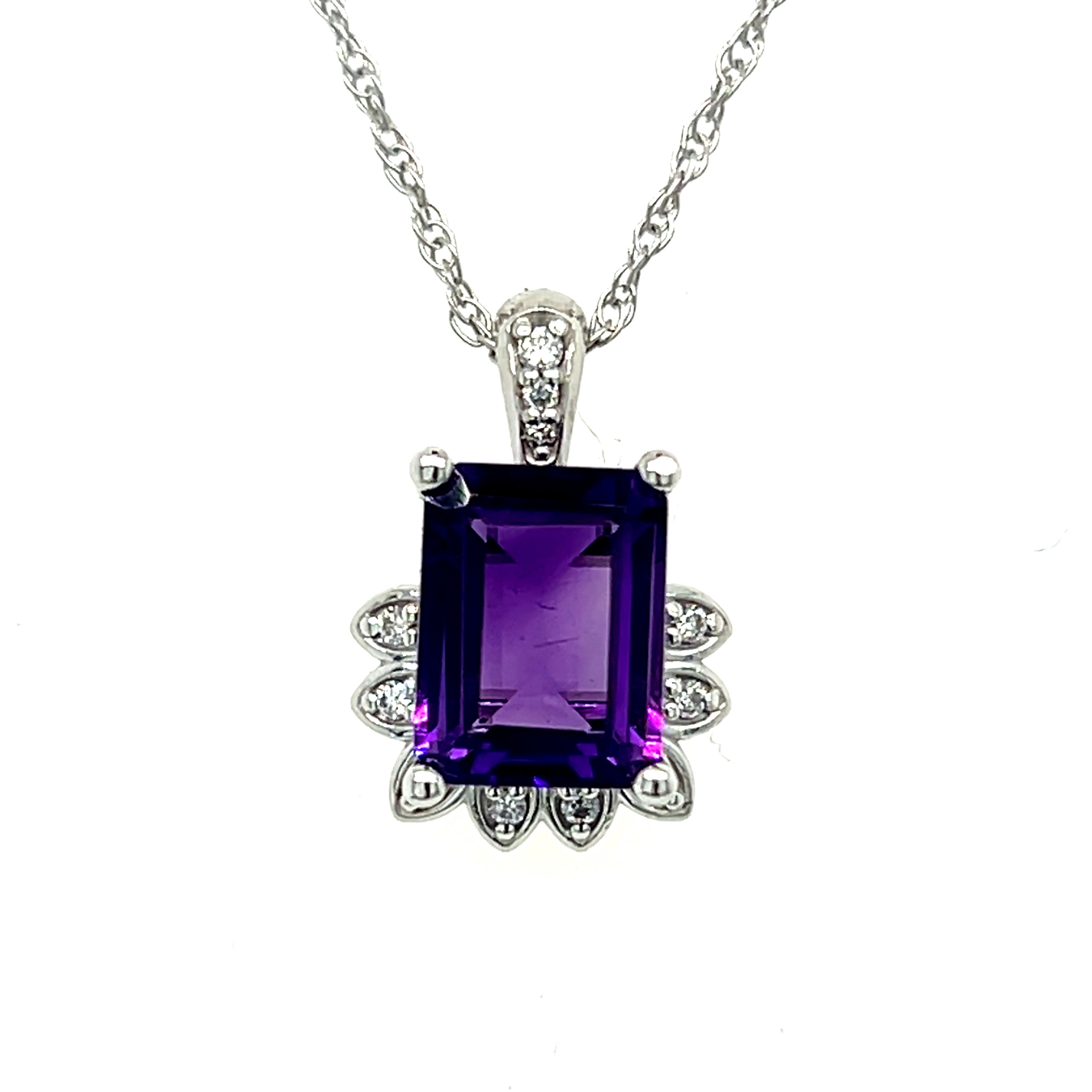 WJS Custom Set14K White Gold Emerald Cut 2.25 Carat Amethyst and 0.06 Carat Totyal Weight Natural Diamond Sunset/ Flower Inspired Pendant.