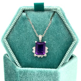 WJS Custom Set14K White Gold Emerald Cut 2.25 Carat Amethyst and 0.06 Carat Totyal Weight Natural Diamond Sunset/ Flower Inspired Pendant.