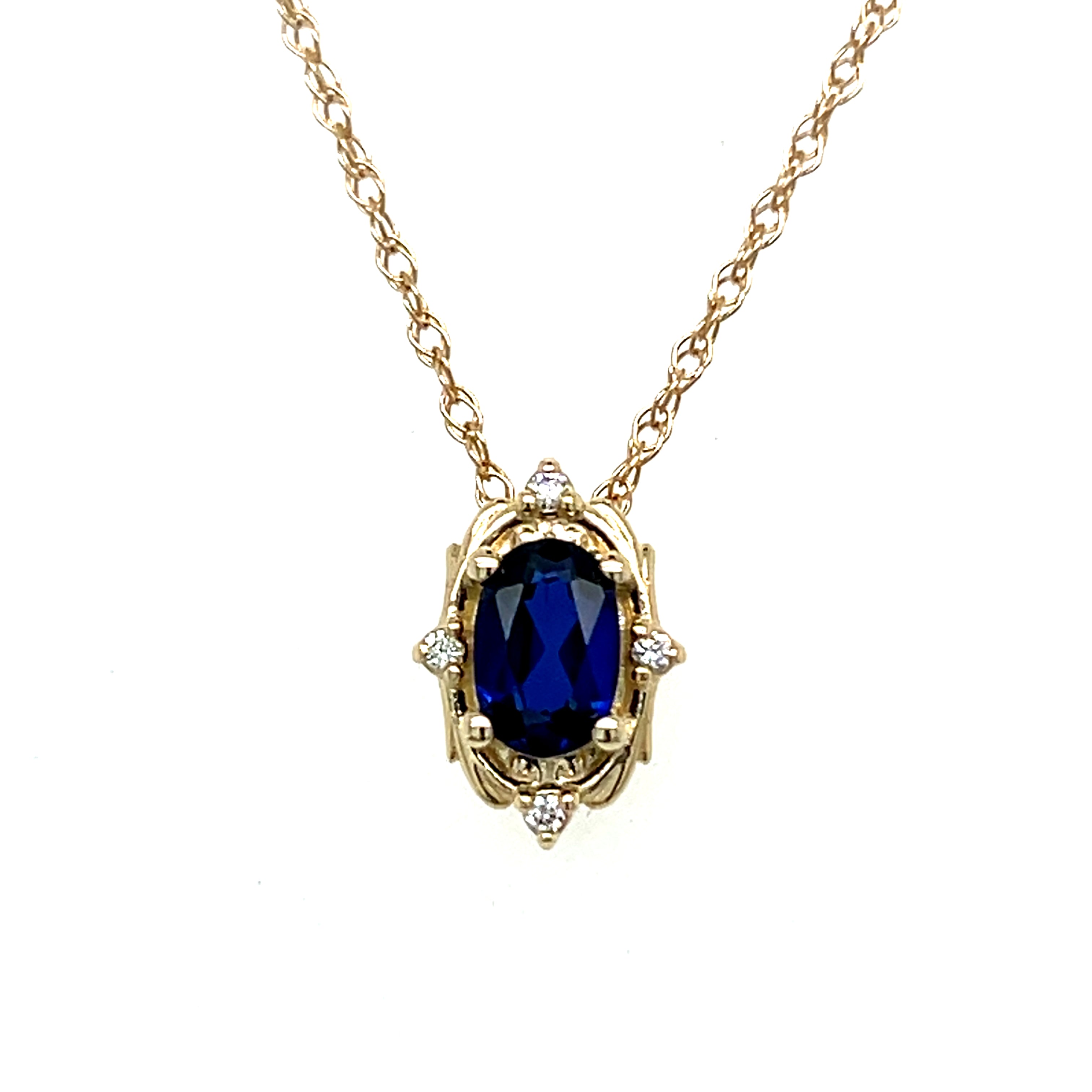 "Celia" WJS Custom Set "Celia" WJS 14K Yellow Gold 0.75CT Oval Lab Created Blue Sapphire and 02 Carat Total Weight Diamond Pendant