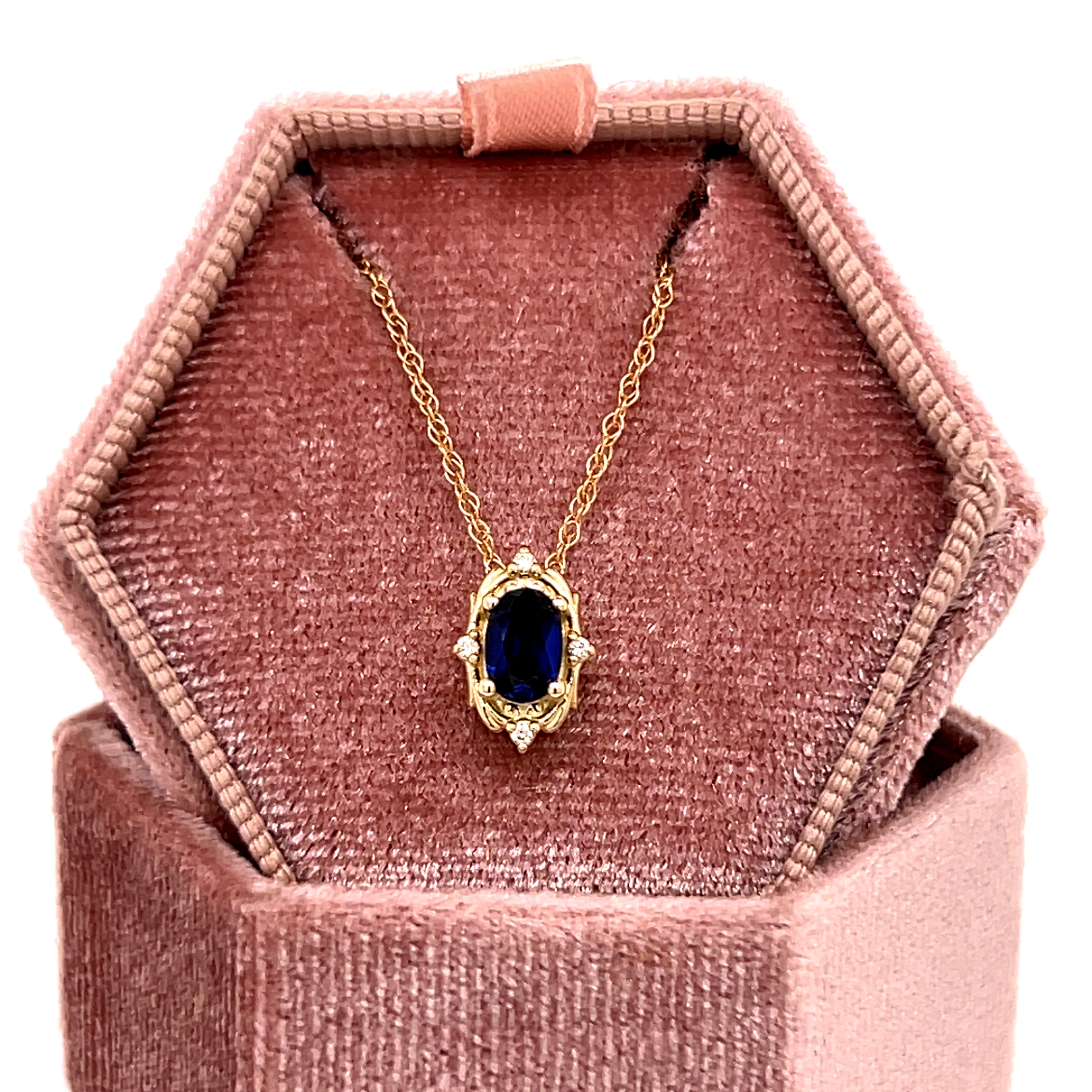 "Celia" WJS Custom Set "Celia" WJS 14K Yellow Gold 0.75CT Oval Lab Created Blue Sapphire and 02 Carat Total Weight Diamond Pendant