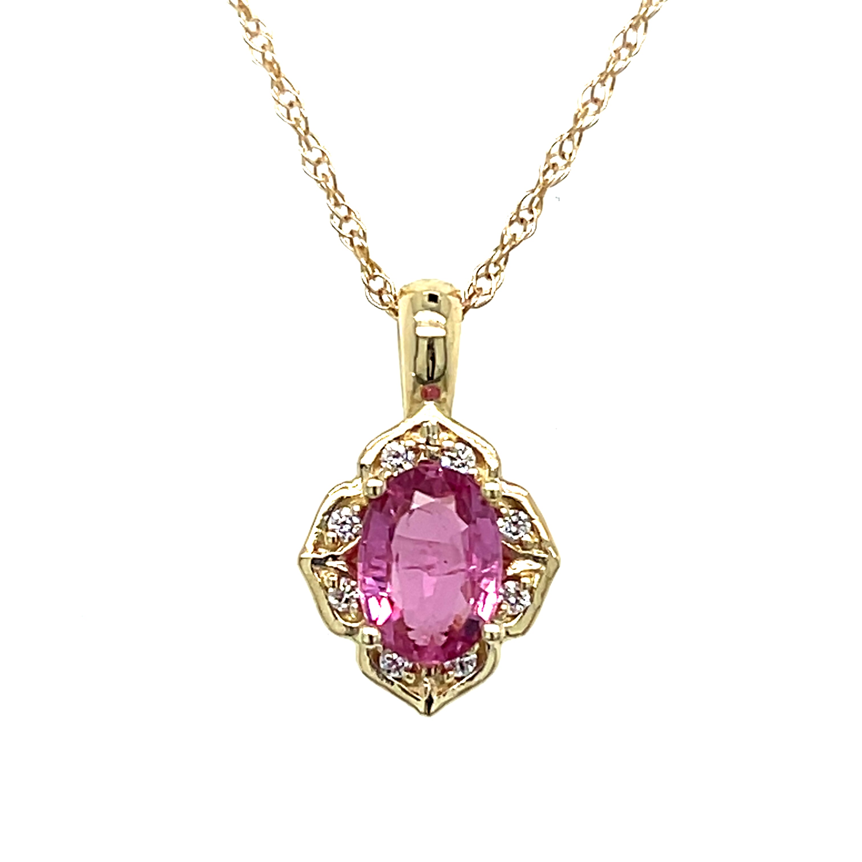 WJS Custom Set 10K Yellow Gold 0.85 Carat Pink Tourmaline and 0.05 Carat Diamond Pendant