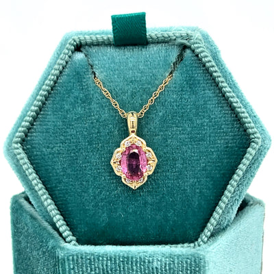 WJS Custom Set 10K Yellow Gold 0.85 Carat Pink Tourmaline and 0.05 Carat Diamond Pendant