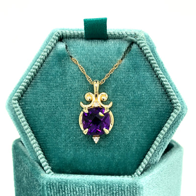 WJS Custom Set14K Yellow Gold 2 Carat Cushion Cut Amethyst and 0.02 Carat Lab Grown Diamond Pendant