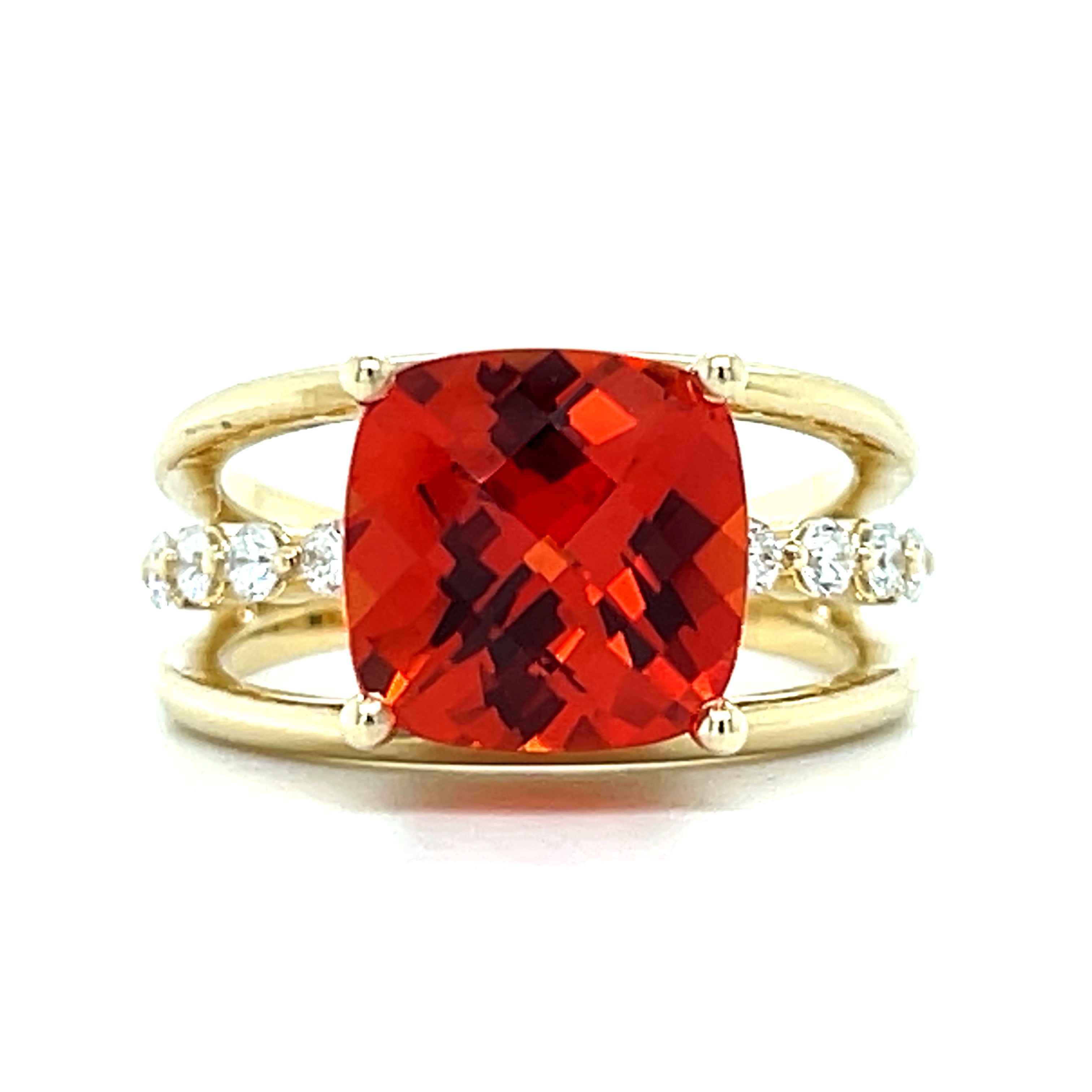 WJS Custom Set 3-Row 10K Yellow Gold Cushion Cut 5CT Lab Padparadscha Sapphire &amp; 0.35CT Lab Diamond Ring.