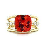 WJS Custom Set 3-Row 10K Yellow Gold Cushion Cut 5CT Lab Padparadscha Sapphire &amp; 0.35CT Lab Diamond Ring.