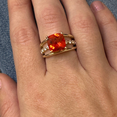 WJS Custom Set 3-Row 10K Yellow Gold Cushion Cut 5CT Lab Padparadscha Sapphire &amp; 0.35CT Lab Diamond Ring.