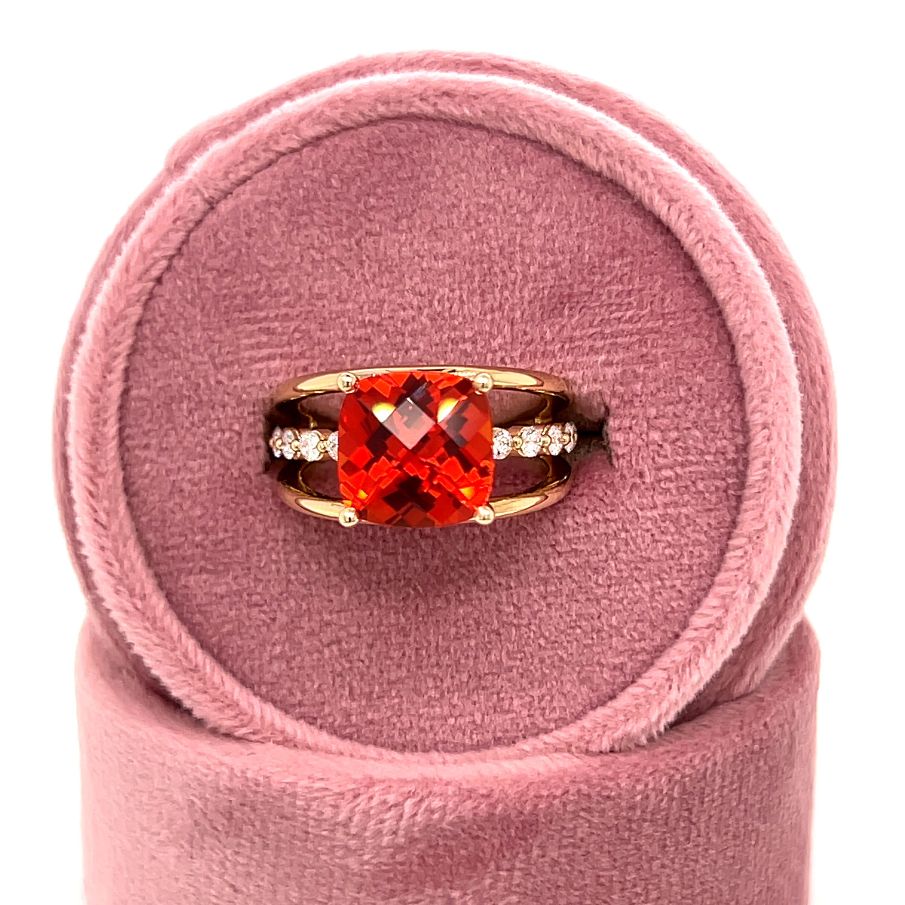 WJS Custom Set 3-Row 10K Yellow Gold Cushion Cut 5CT Lab Padparadscha Sapphire &amp; 0.35CT Lab Diamond Ring.