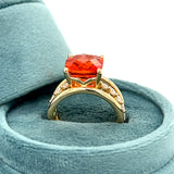 WJS Custom Set 3-Row 10K Yellow Gold Cushion Cut 5CT Lab Padparadscha Sapphire &amp; 0.35CT Lab Diamond Ring.