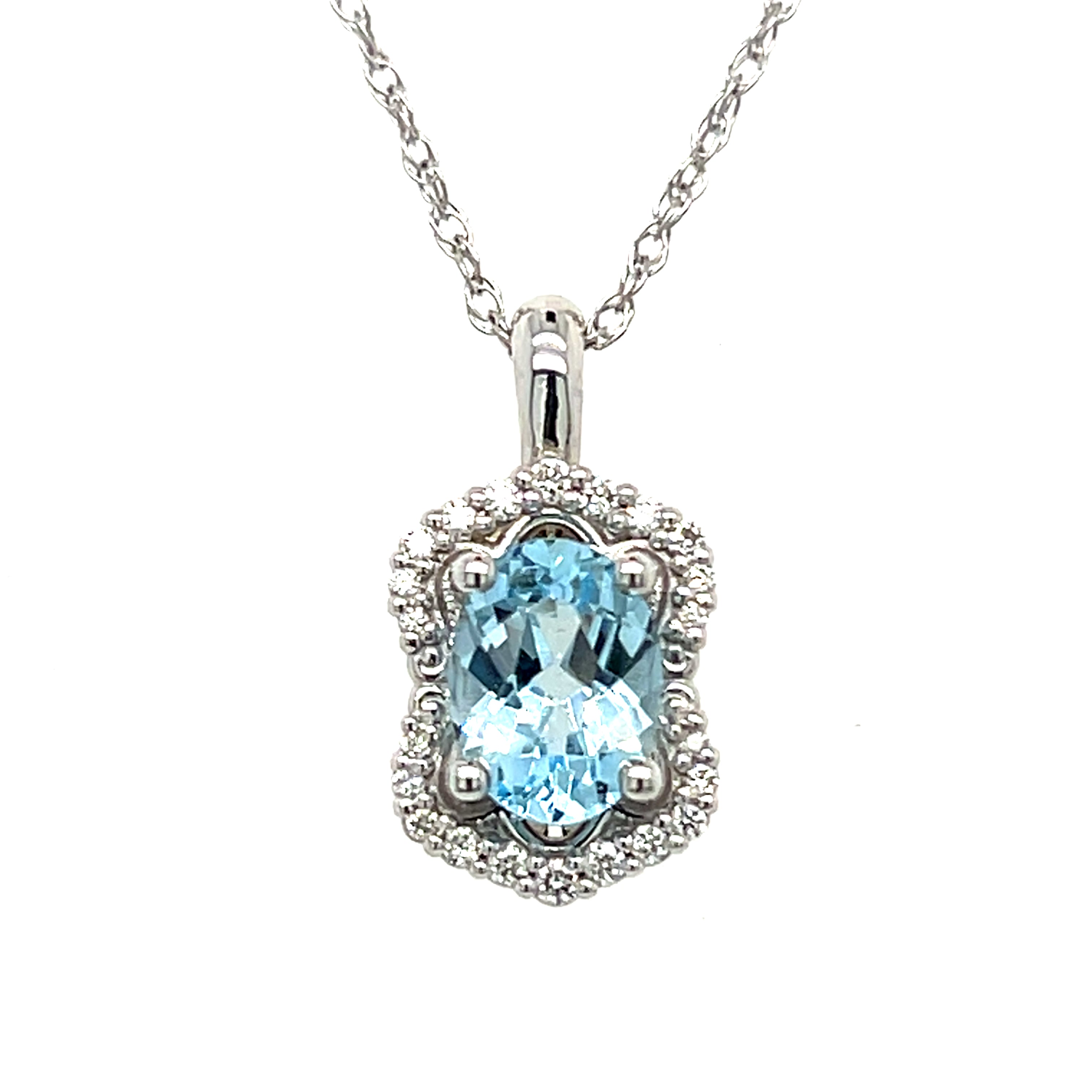 WJS Custom Set 14K White Gold 1.15CT Oval Aquamarine and 0.11 Carat Total Weight Diamond Pendant