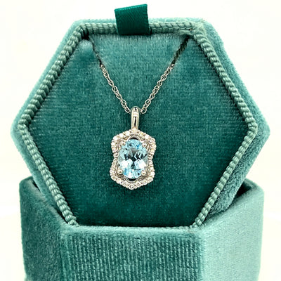 WJS Custom Set 14K White Gold 1.15CT Oval Aquamarine and 0.11 Carat Total Weight Diamond Pendant