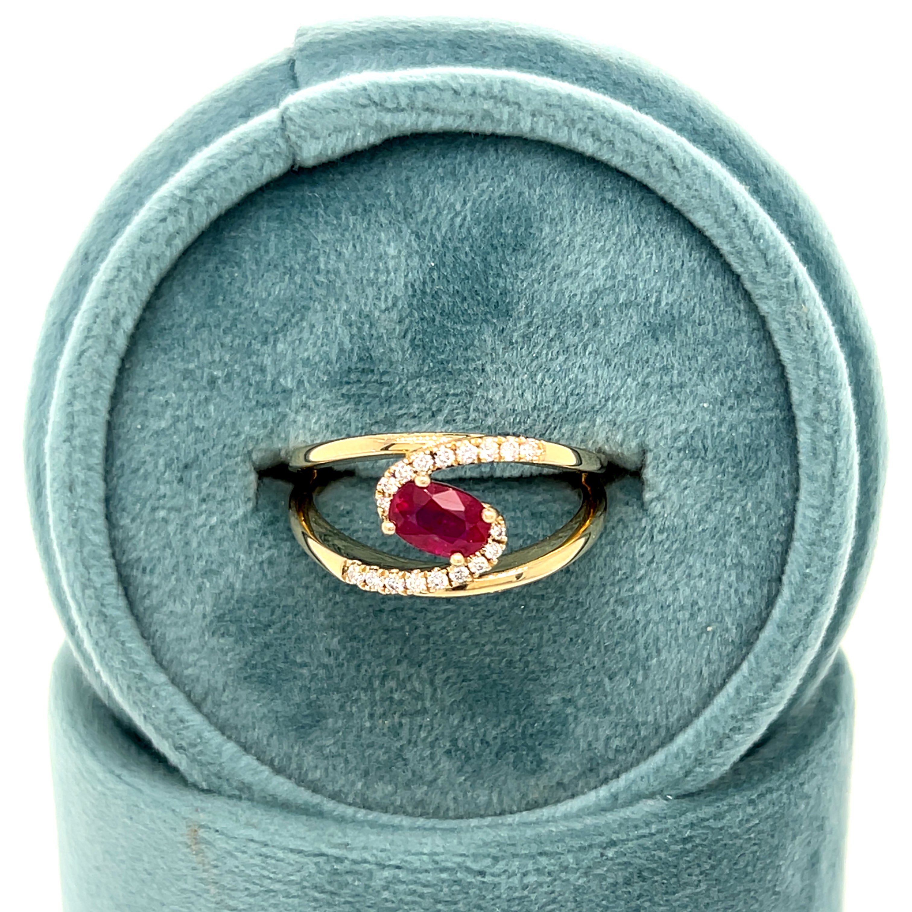 WJS Custom Set Oval 0.60 Carat Ruby and 0.12 Carat Total Weight Natural Diamond Bypass Ring
