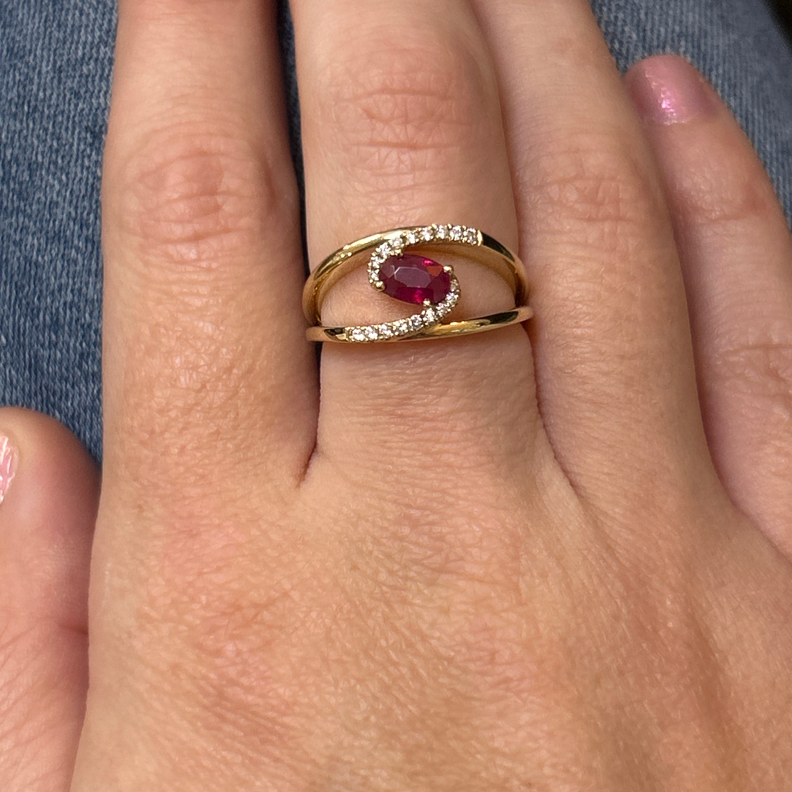 WJS Custom Set Oval 0.60 Carat Ruby and 0.12 Carat Total Weight Natural Diamond Bypass Ring