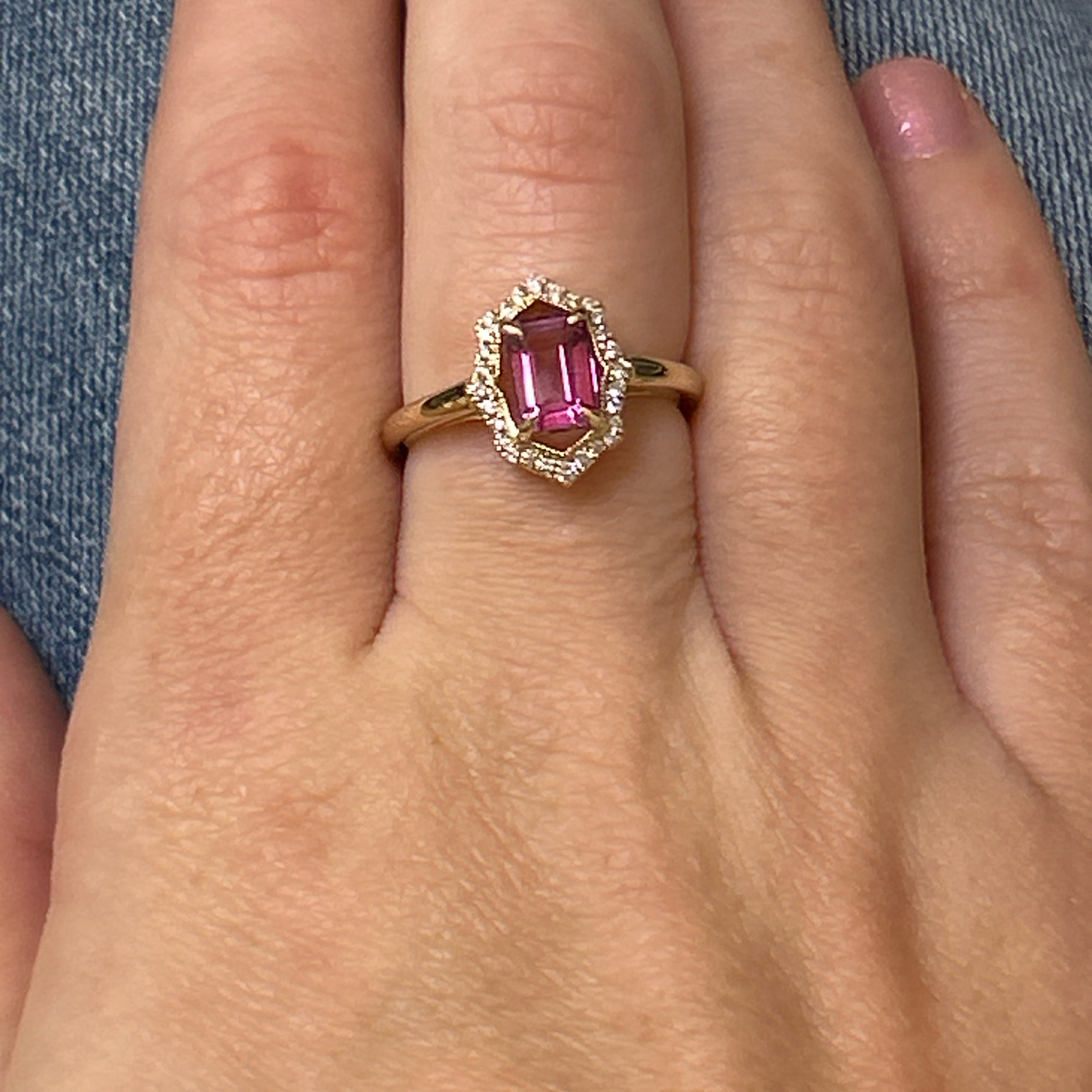 WJS Custom 14K Yellow Gold 1.25CT Pink Topaz and 0.18 Carat Total Weight Diamond Ring