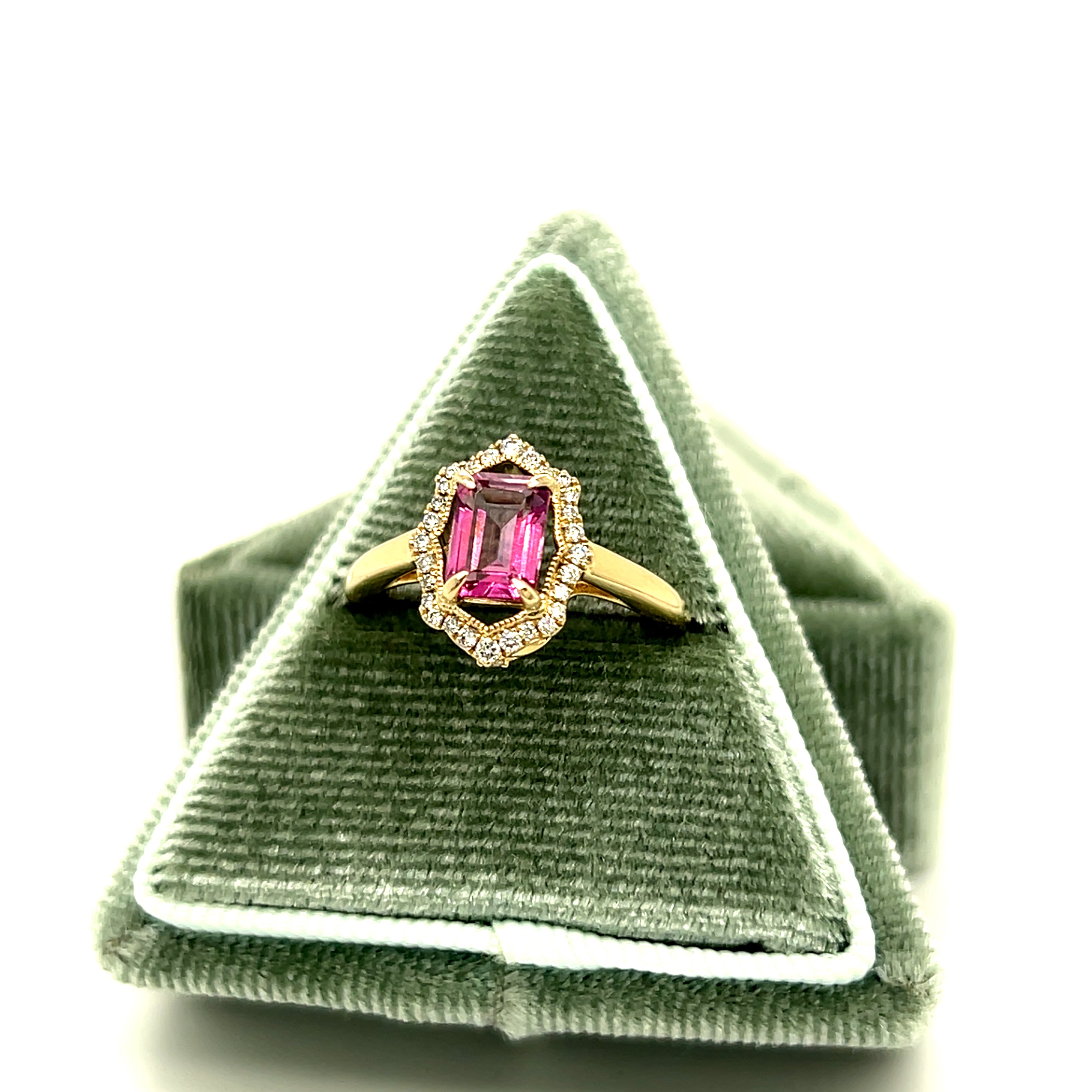 WJS Custom 14K Yellow Gold 1.25CT Pink Topaz and 0.18 Carat Total Weight Diamond Ring