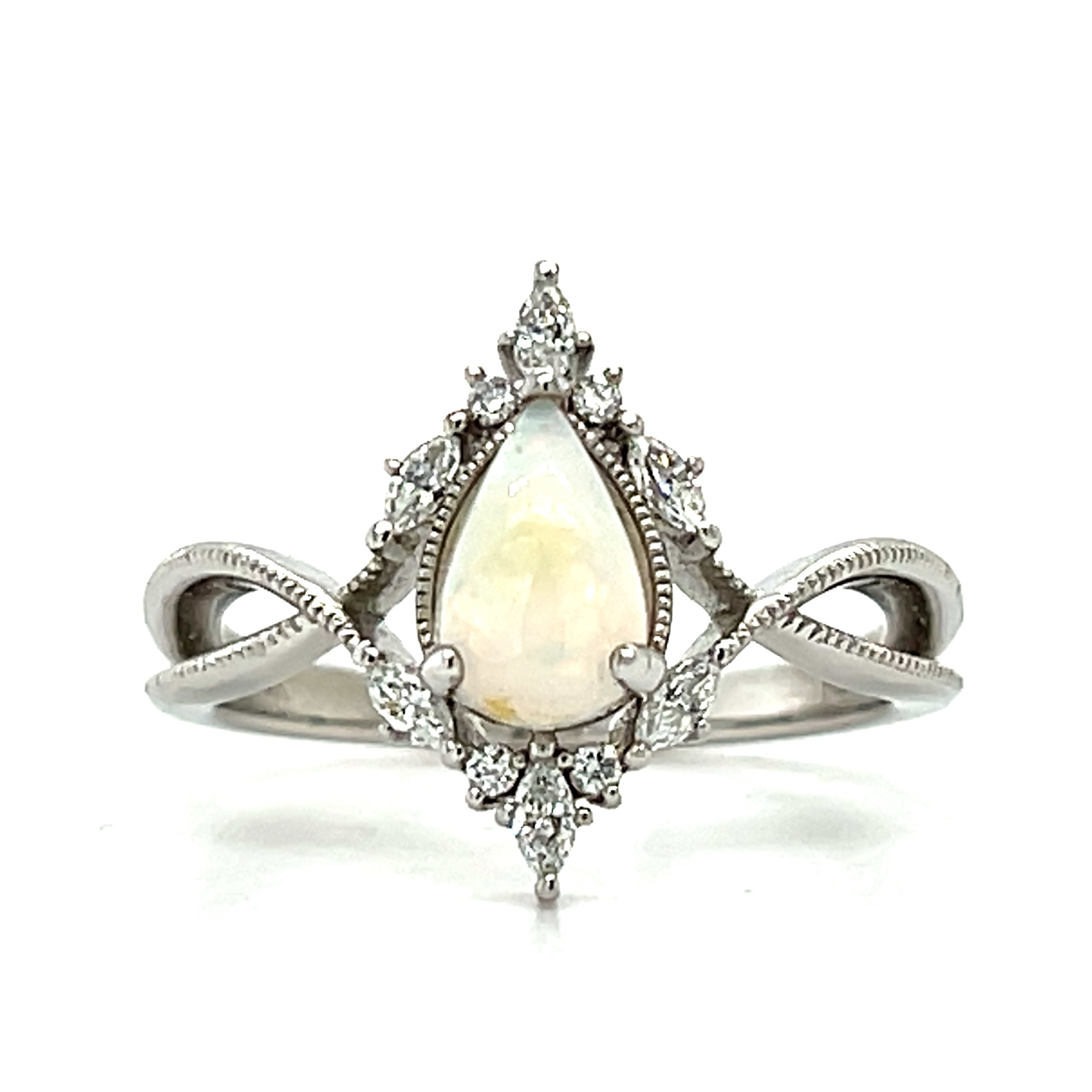 WJS Custom Set 0.45 Carat Pear Cut White Fiery Opal Accented by 0.19 Carat Total Weight of Marquise and Round Diamonds in a Milgrain Criss-Cross Ring