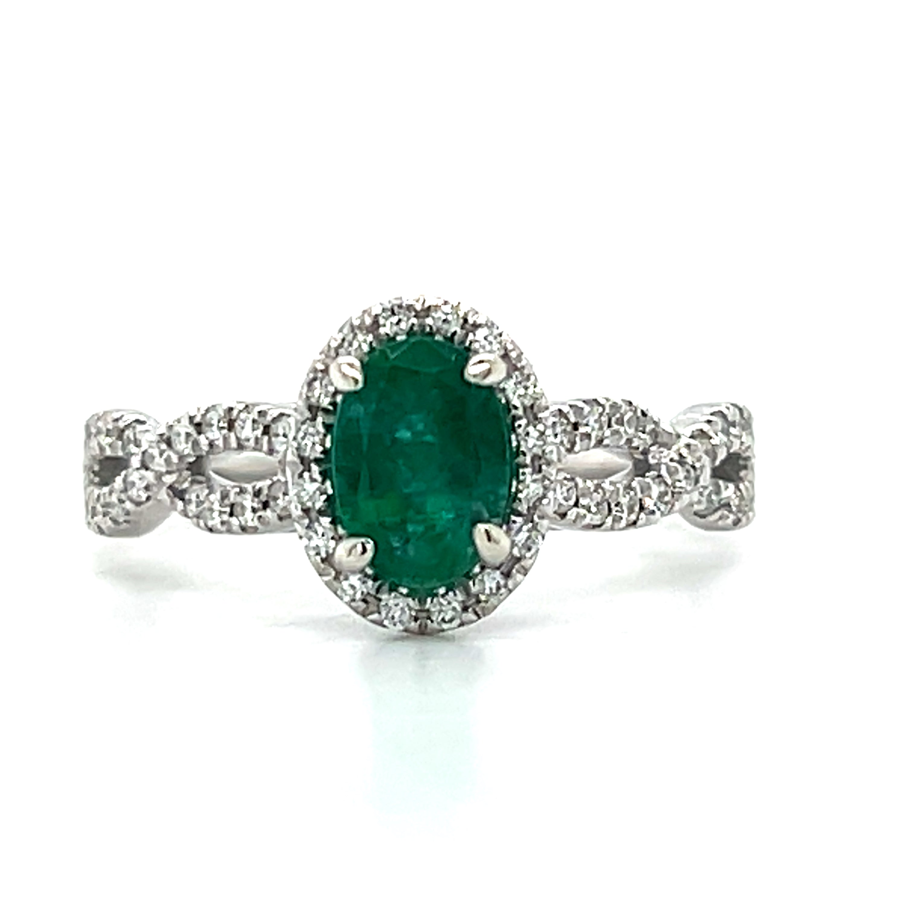 WJS Custom Set 14K White Gold 0.25 Carat Total Weight Diamonds and 0.78CT Oval Emerald Ring