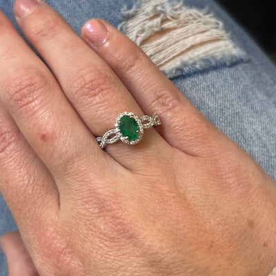 WJS Custom Set 14K White Gold 0.25 Carat Total Weight Diamonds and 0.78CT Oval Emerald Ring