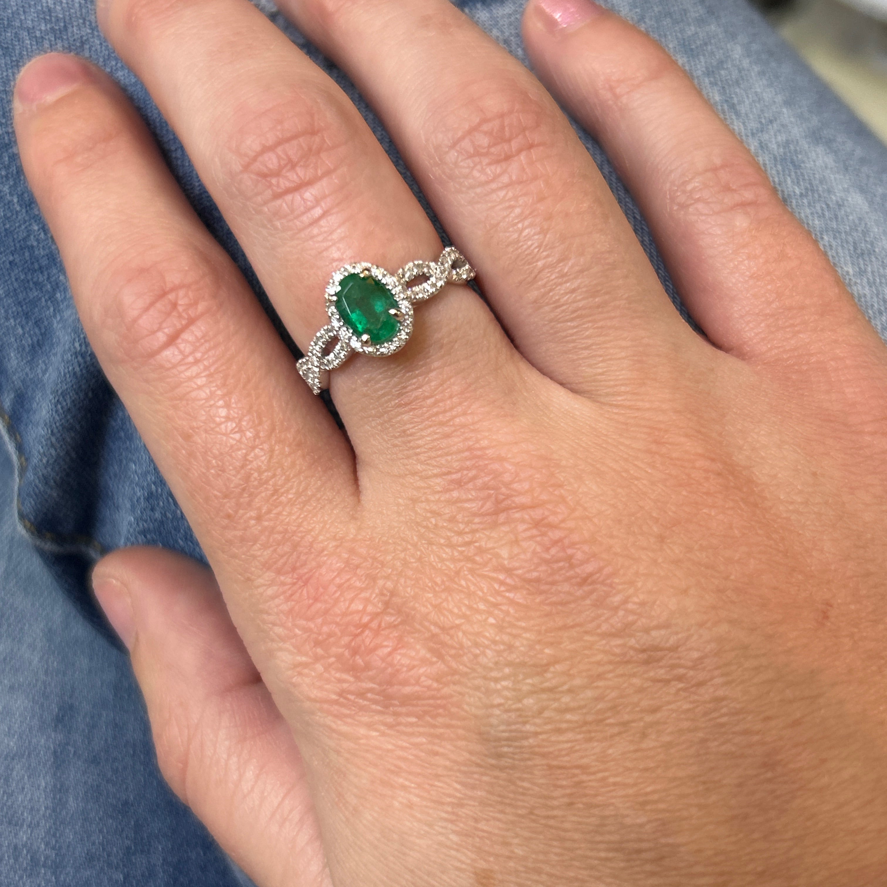 WJS Custom Set 14K White Gold 0.25 Carat Total Weight Diamonds and 0.78CT Oval Emerald Ring