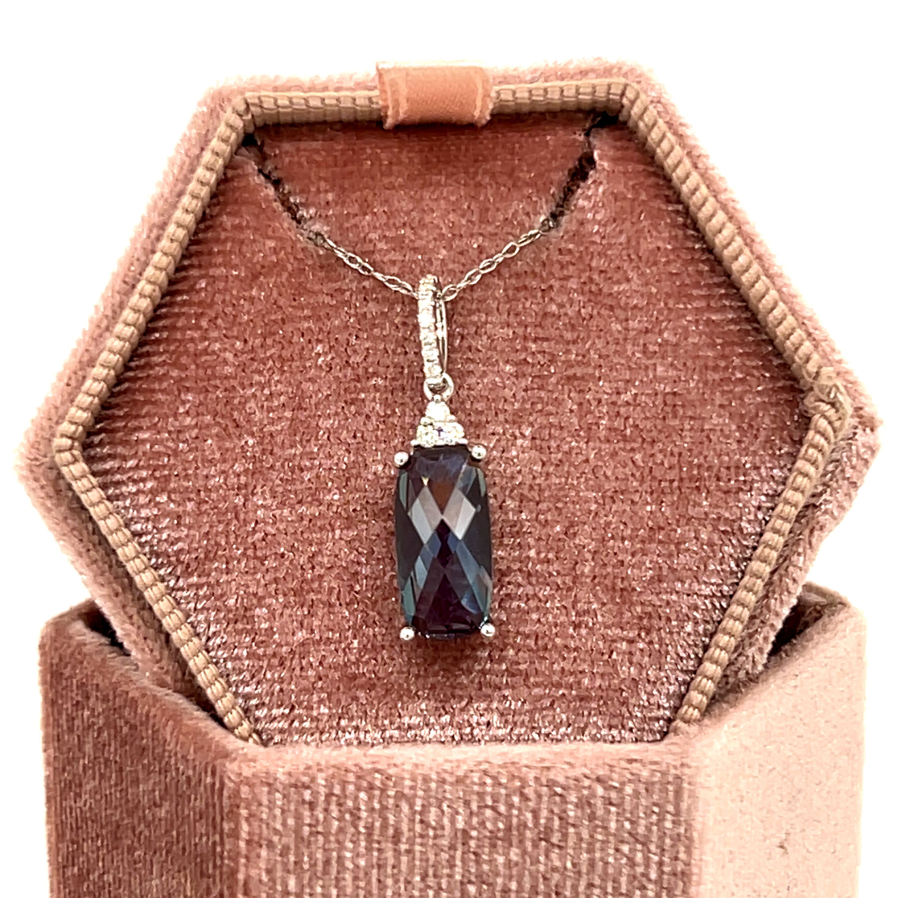 14K White Gold 6X12mm 2.77CT Lab Alexandrite and 0.055 Carat Total Weight (10) Diamond Pendant