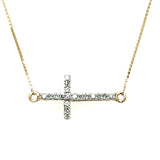 10K Yellow Gold 1/10 Carat Total Weight Diamond Sideways Cross Necklace