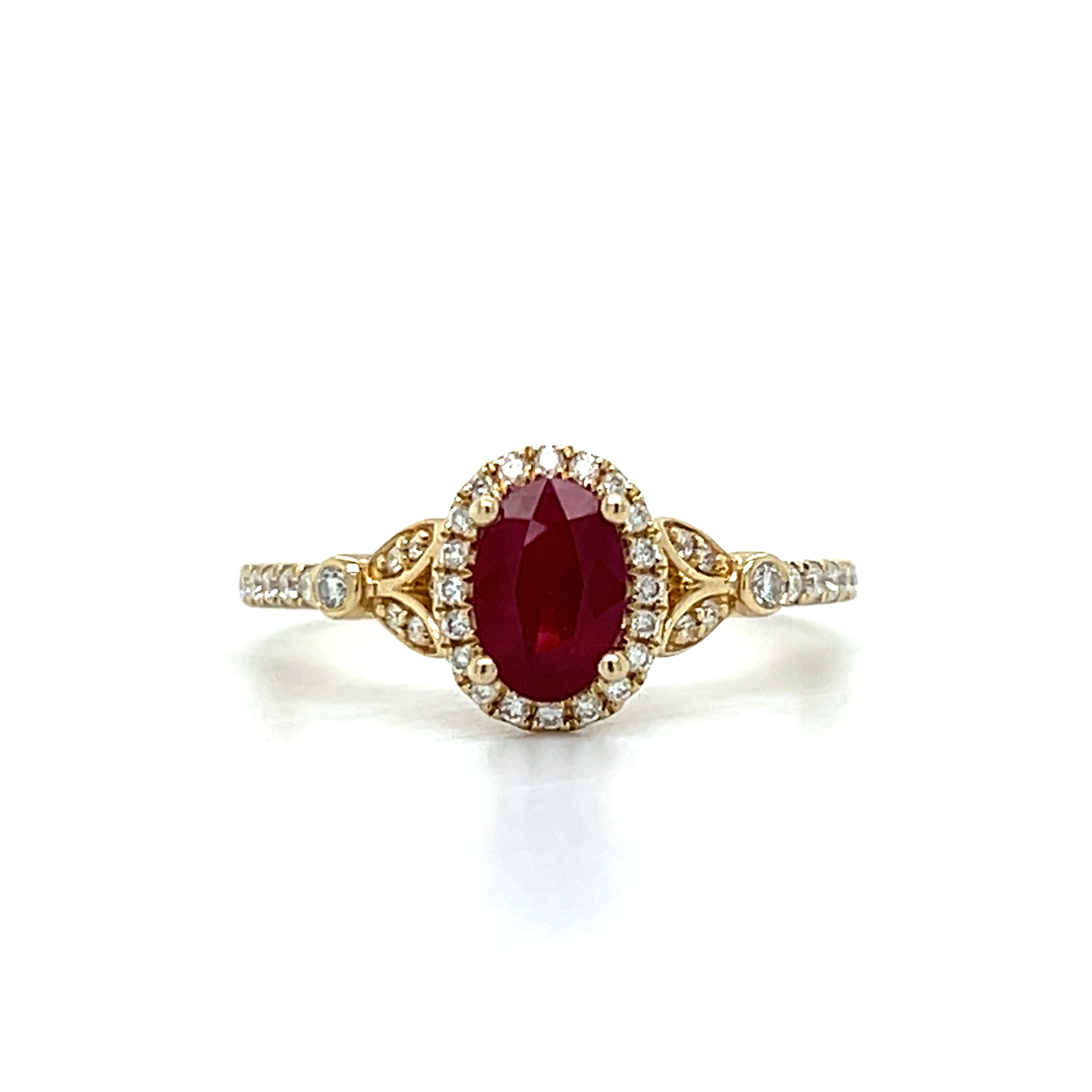 14K Yellow Gold 0.82CT 5x7mm Oval Ruby and 0.24 Carat Total Weight (42) Diamond Ring