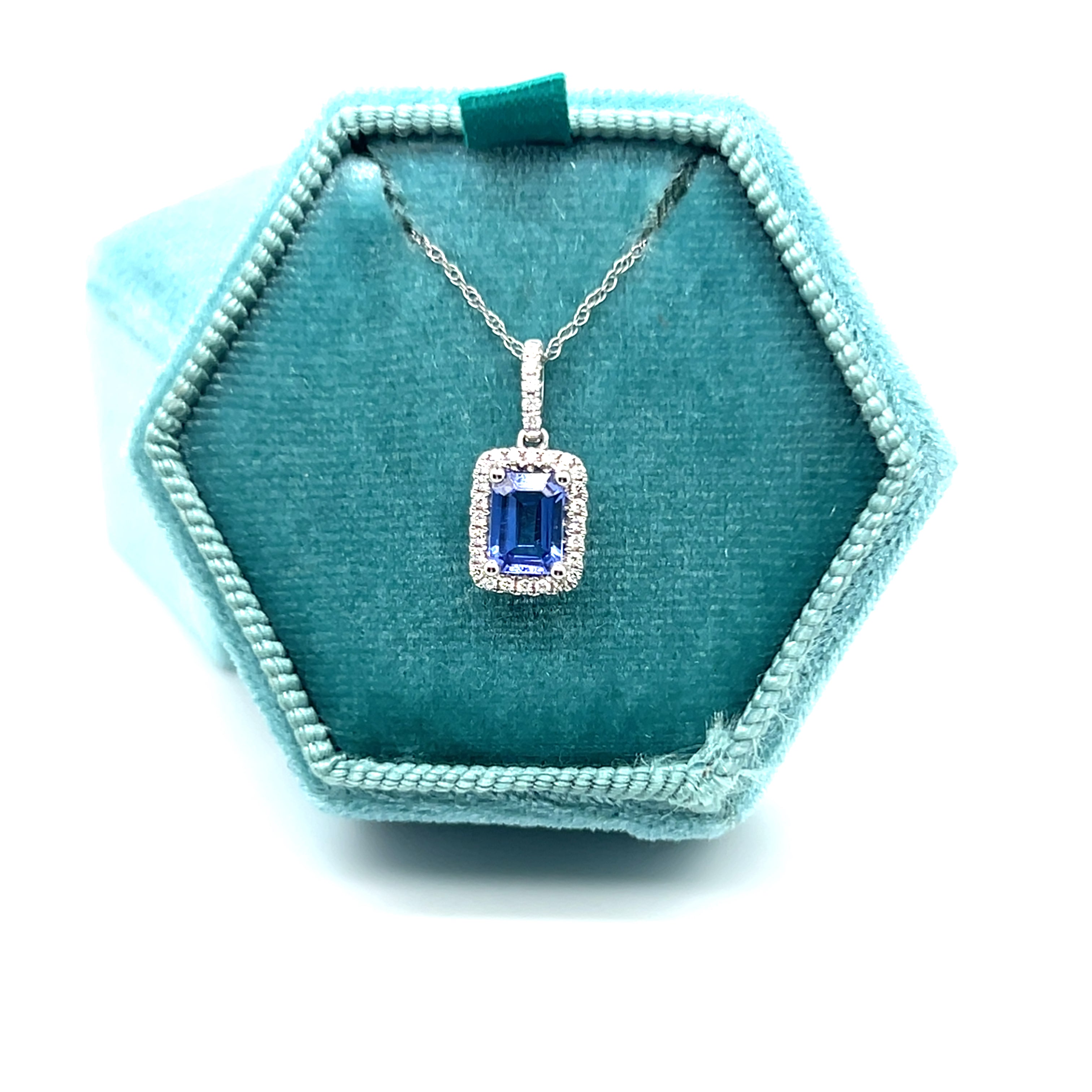 14K White Gold 0.92CT 5x7mm Emerald CutTanzanite and 0.105 Carat Total Weight (29) Diamond Pendant