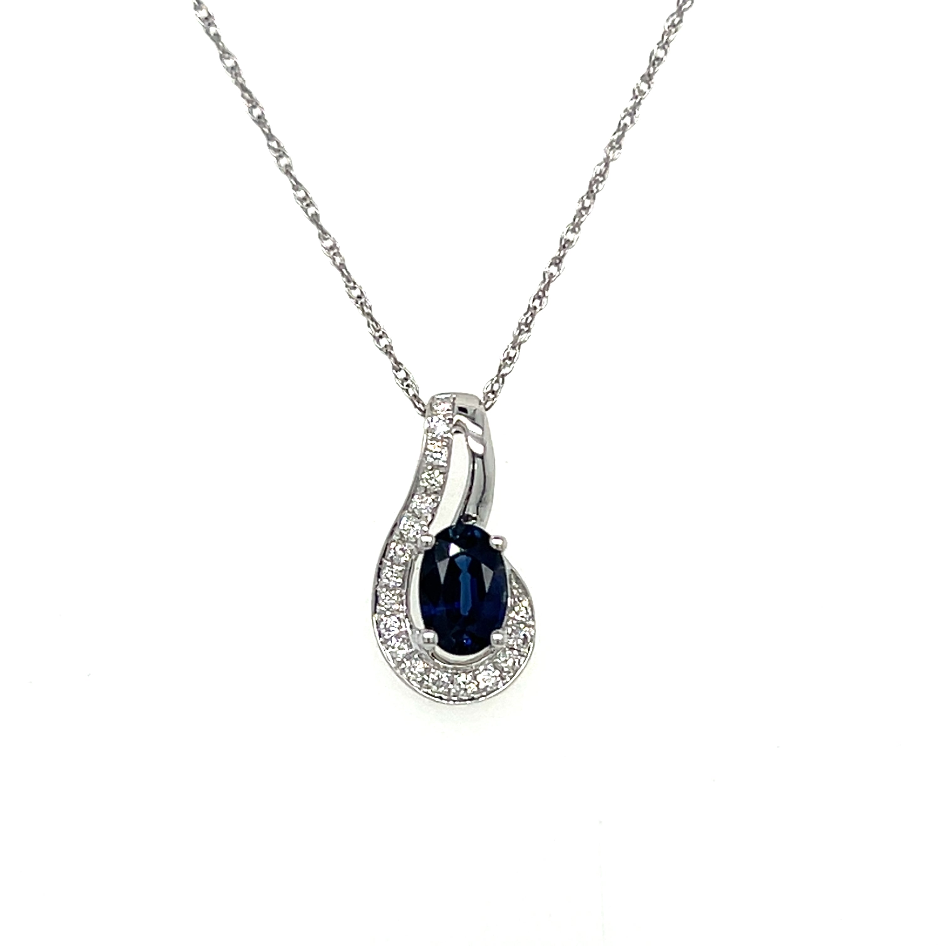 14K White Gold 0.49CT 4x6mm Oval Sapphire and 0.094 Carat Total Weight (18) Diamond Pendant