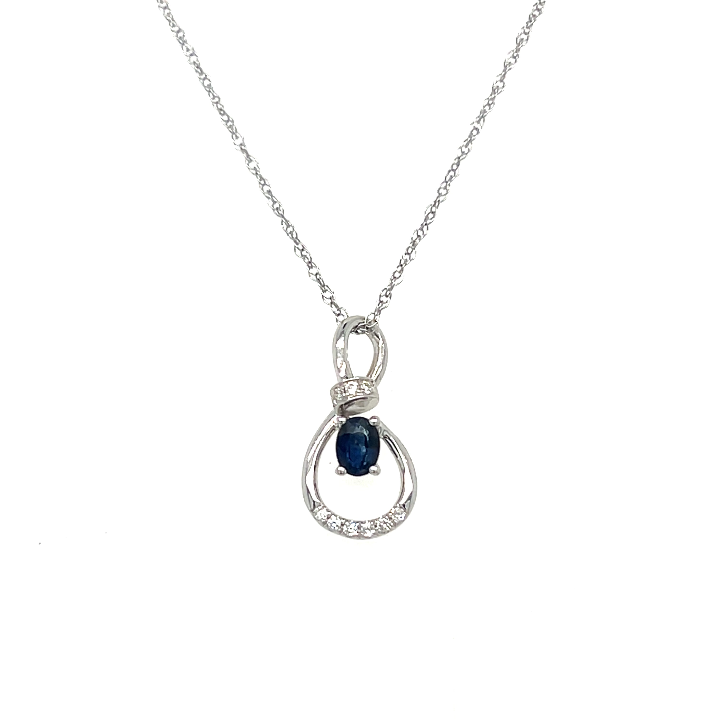 14K White Gold 0.19CT 3x4mm Oval Sapphire and 0.034 Carat Total Weight Diamond Infinity Style Pendant