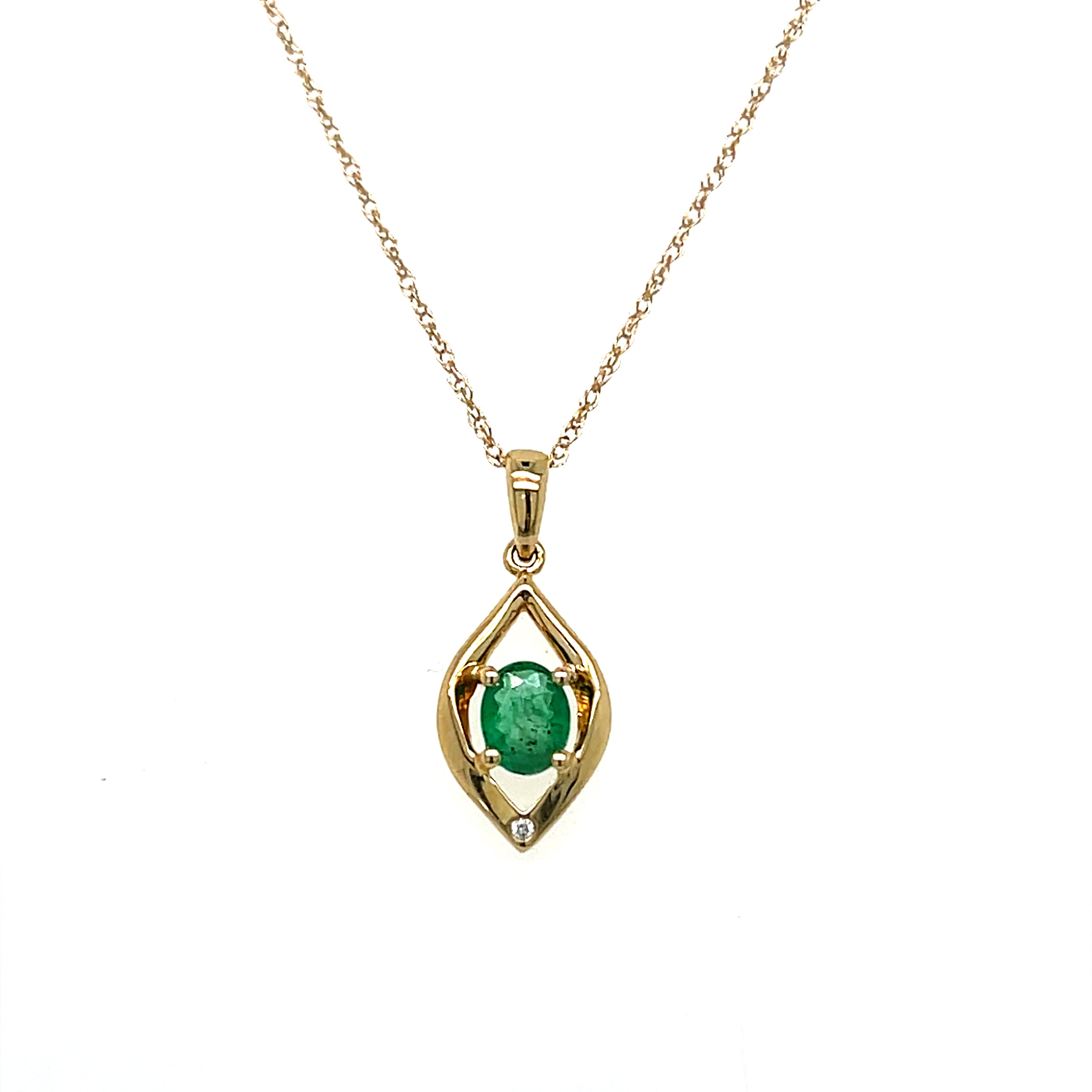 14K Yellow Gold 0.25CT 4x5mm Oval Emerald and 0.007CT (1) Diamond Pear-Shaped Pendant