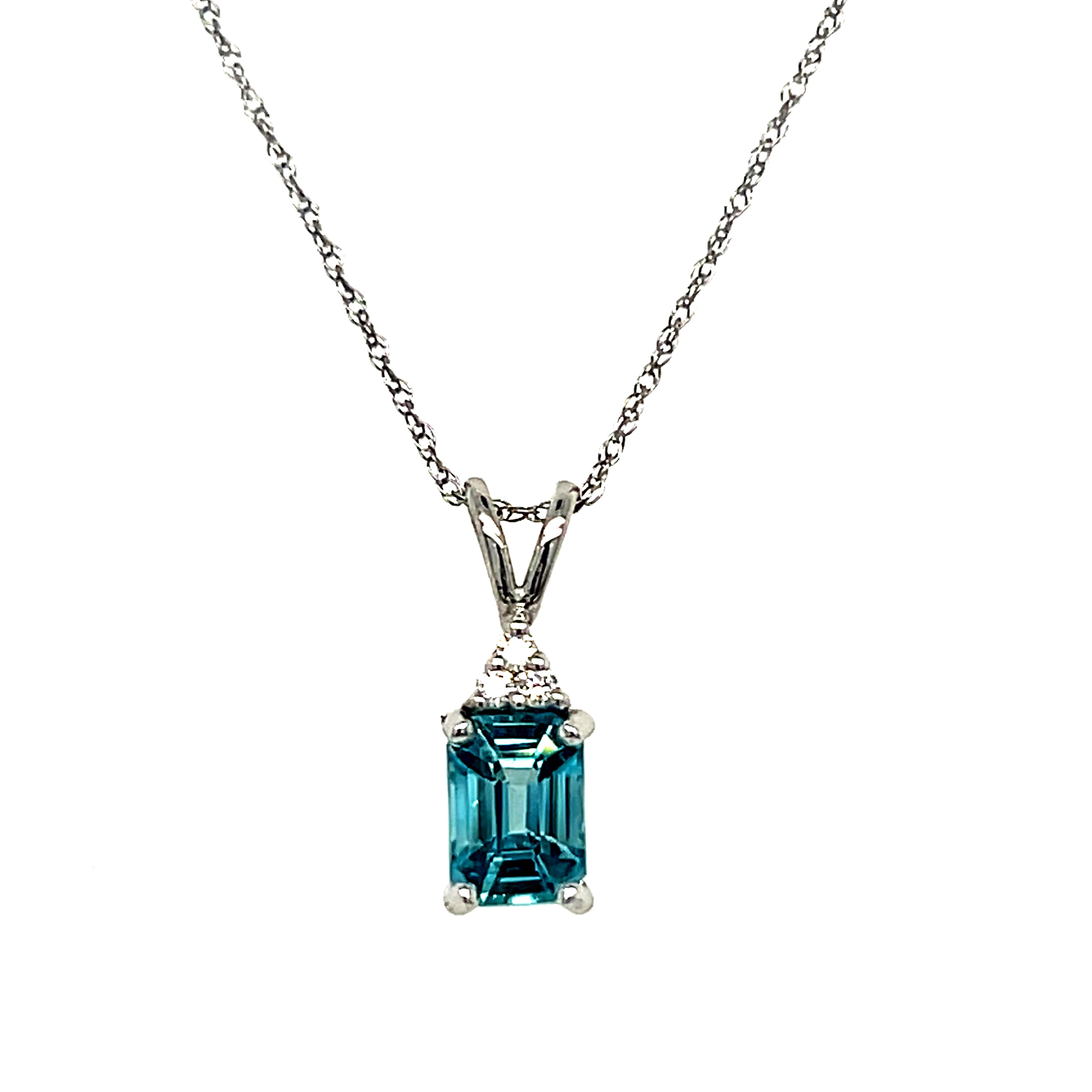 14K White Gold 1.25CT 5x7mm Emerald Cut Blue Zircon and 0.035 Carat Total Weight (3) Diamond Pendant