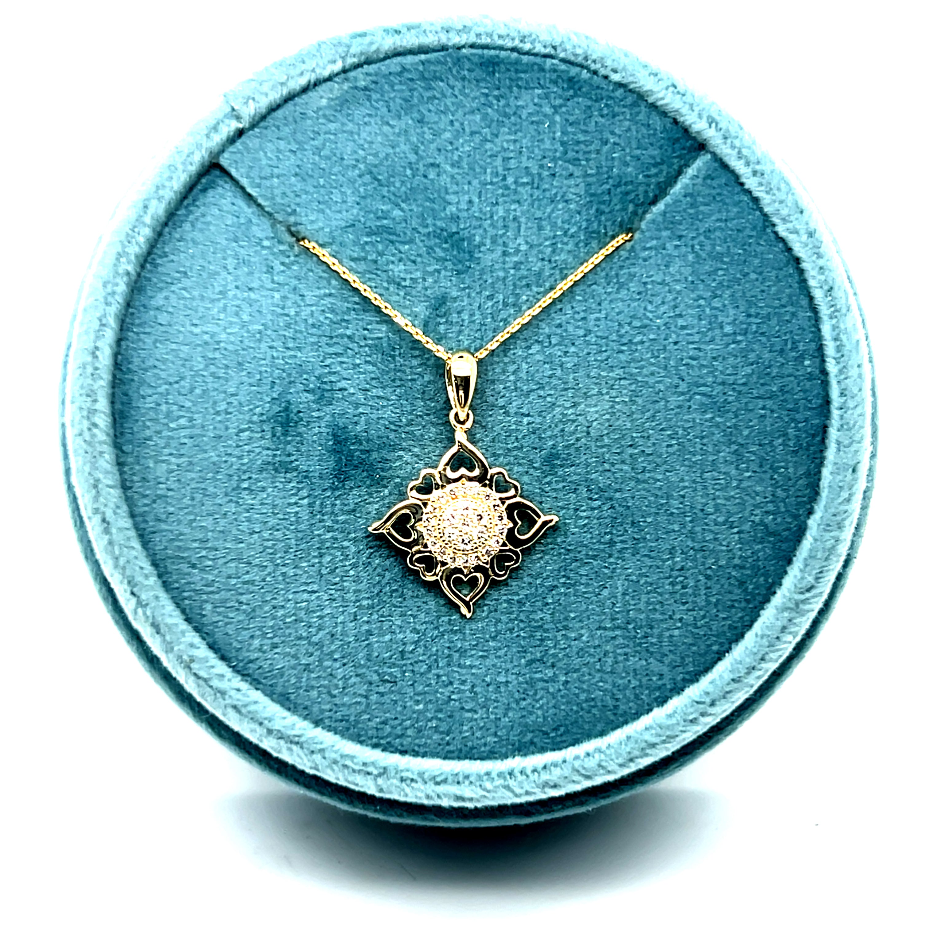 10K Yellow Gold 0.10 Carat Total Weight Round Cluster Natural Diamond Open Heart Halo Pendant with Chain