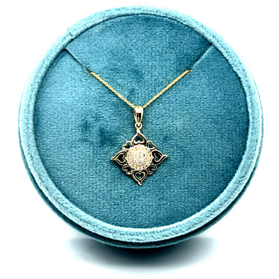10K Yellow Gold 0.10 Carat Total Weight Round Cluster Natural Diamond Open Heart Halo Pendant with Chain