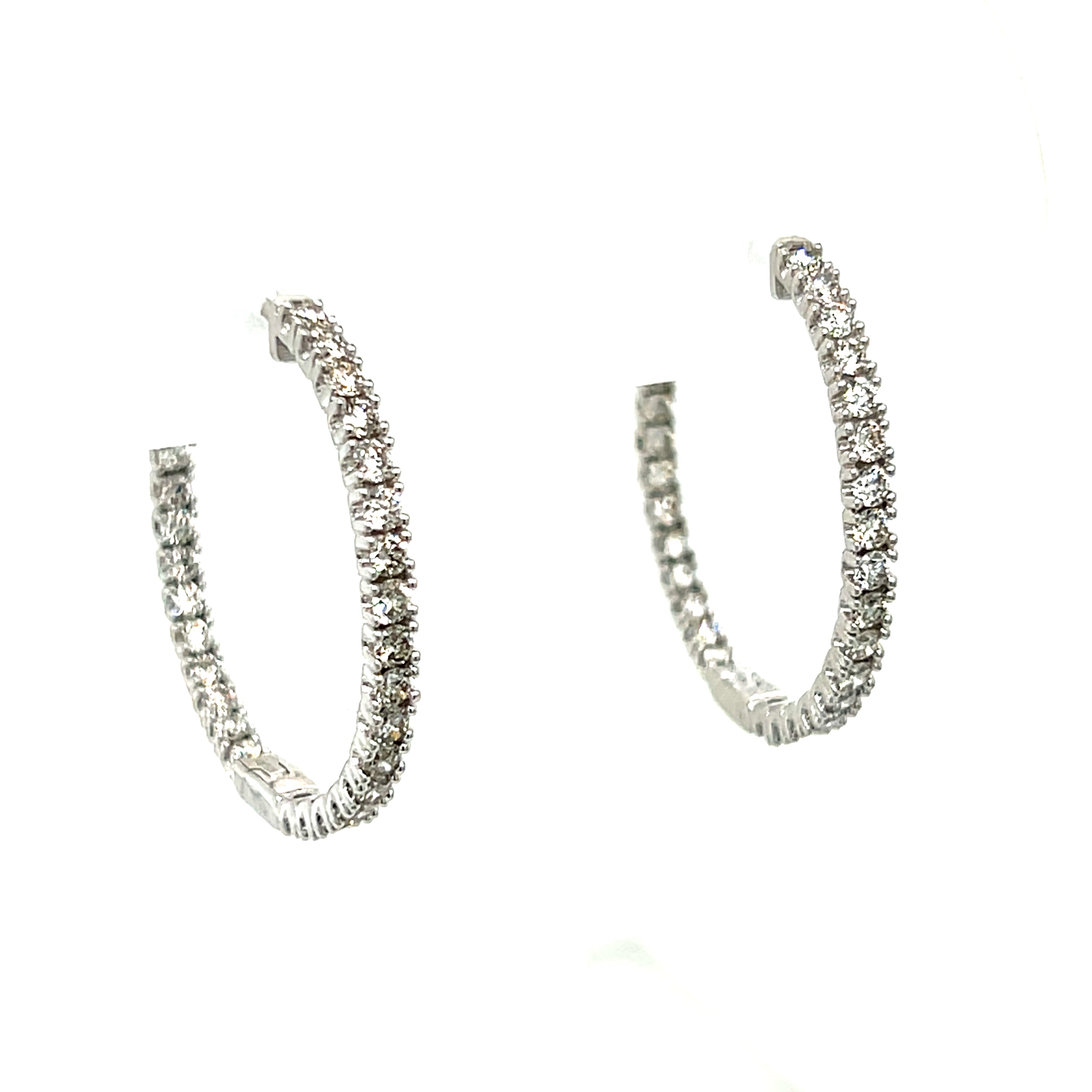 10K White Gold 6.2g 2.00 Carat Total Weight Round Brilliant Cut Natural Diamond Inside-Outside Push Release 1" Hoop Earrings