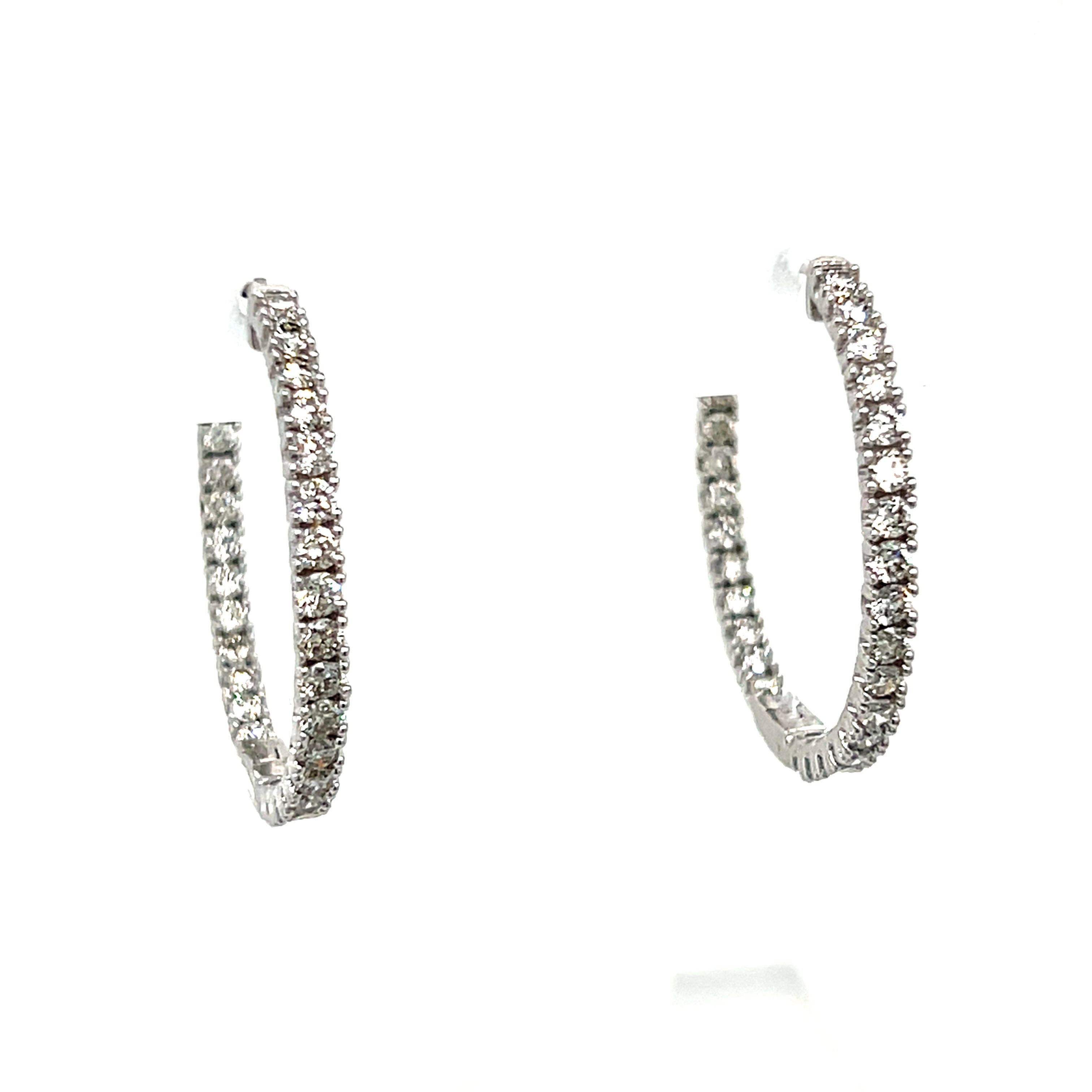10K White Gold 6.2g 2.00 Carat Total Weight Round Brilliant Cut Natural Diamond Inside-Outside Push Release 1" Hoop Earrings