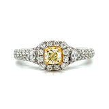 14K Yellow and White Gold 0.85 Carat Total Weight (0.33CT Center) Cushion Cut Natural Fancy Yellow Diamond and Natural White Diamond Halo Engagement Ring