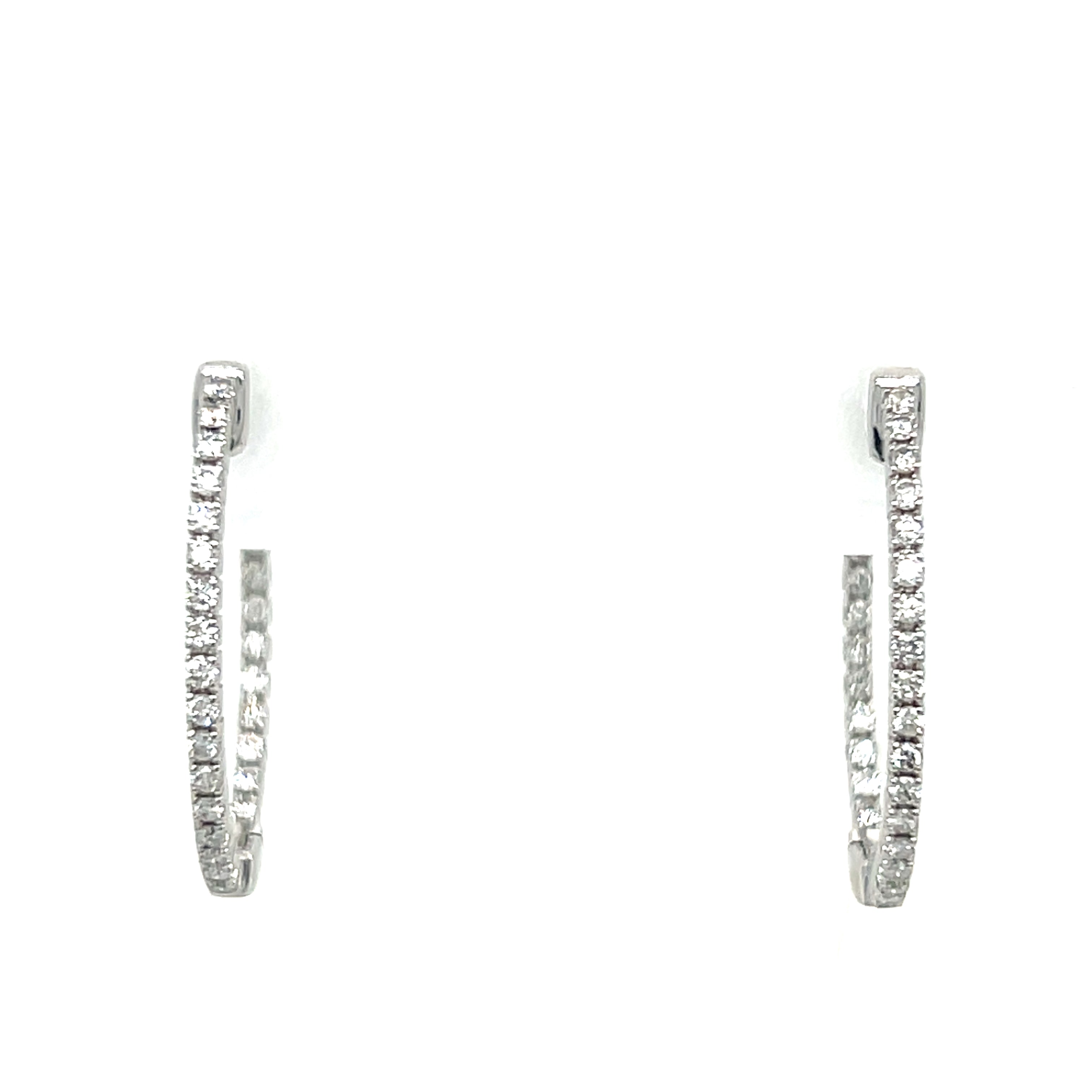 14K White Gold 4.2g 0.55 Carat Total Weight Round Brilliant Cut Natural Diamond Oval Shaped Push Release Inside-Outside 1" Hoop Earrings.